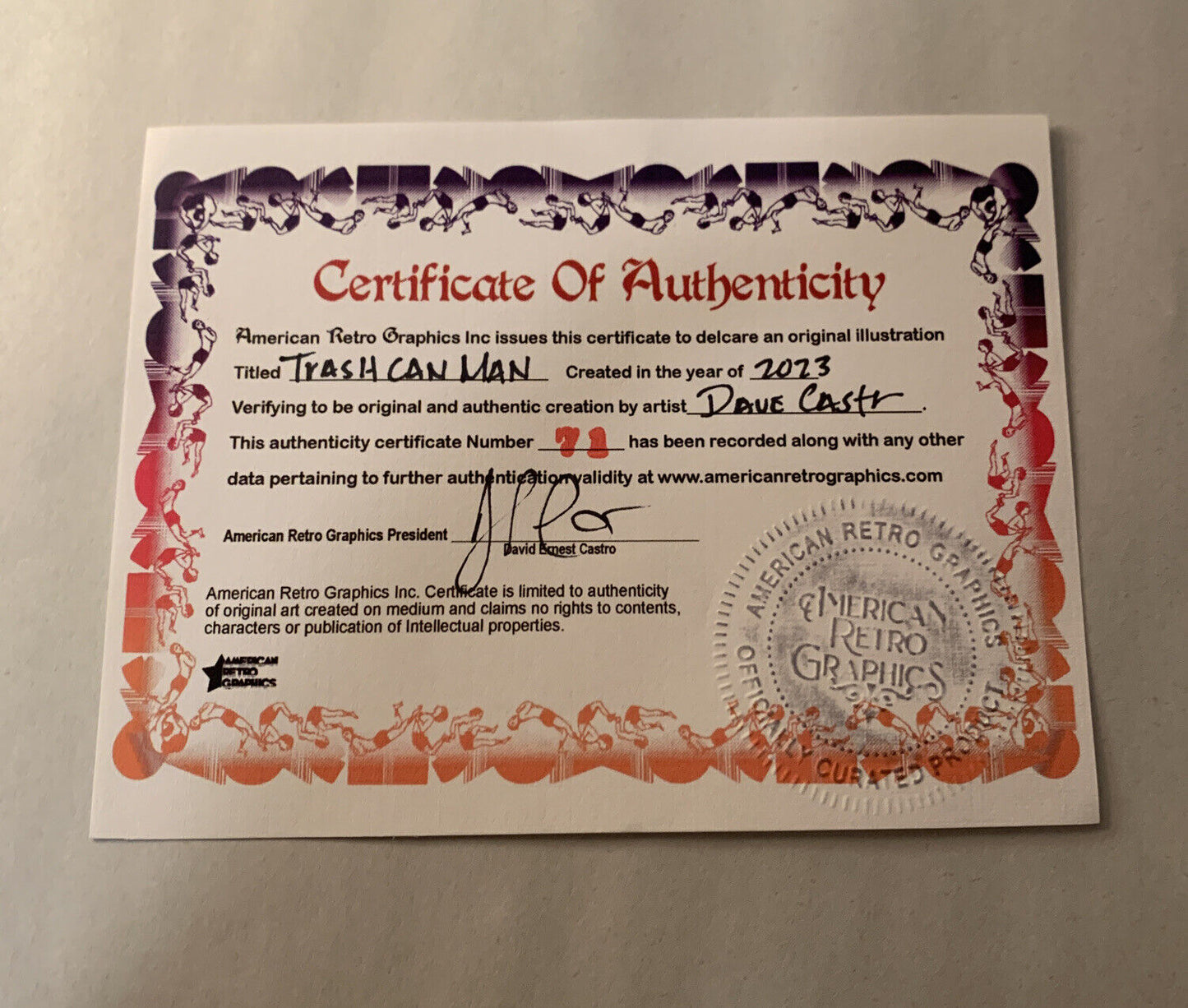 Original Dave Castr Trash Can Man 9x12” Art Sealed W ARG COA