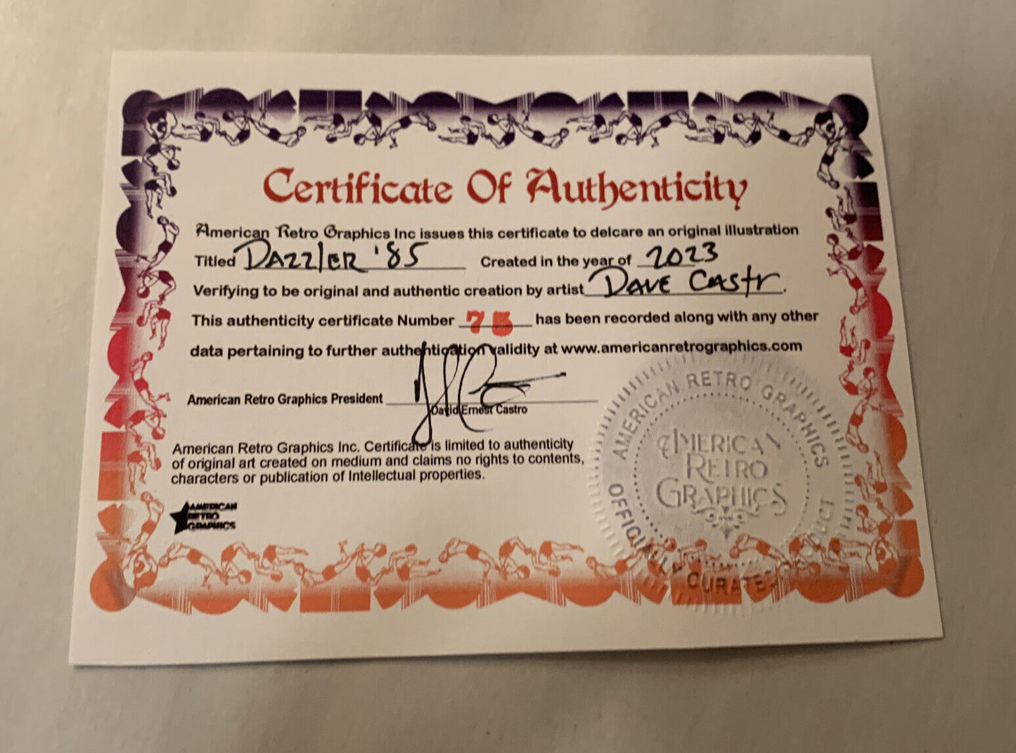 Original Dave Castr Dazzler ‘ 85 5x7" Art Sealed W ARG COA