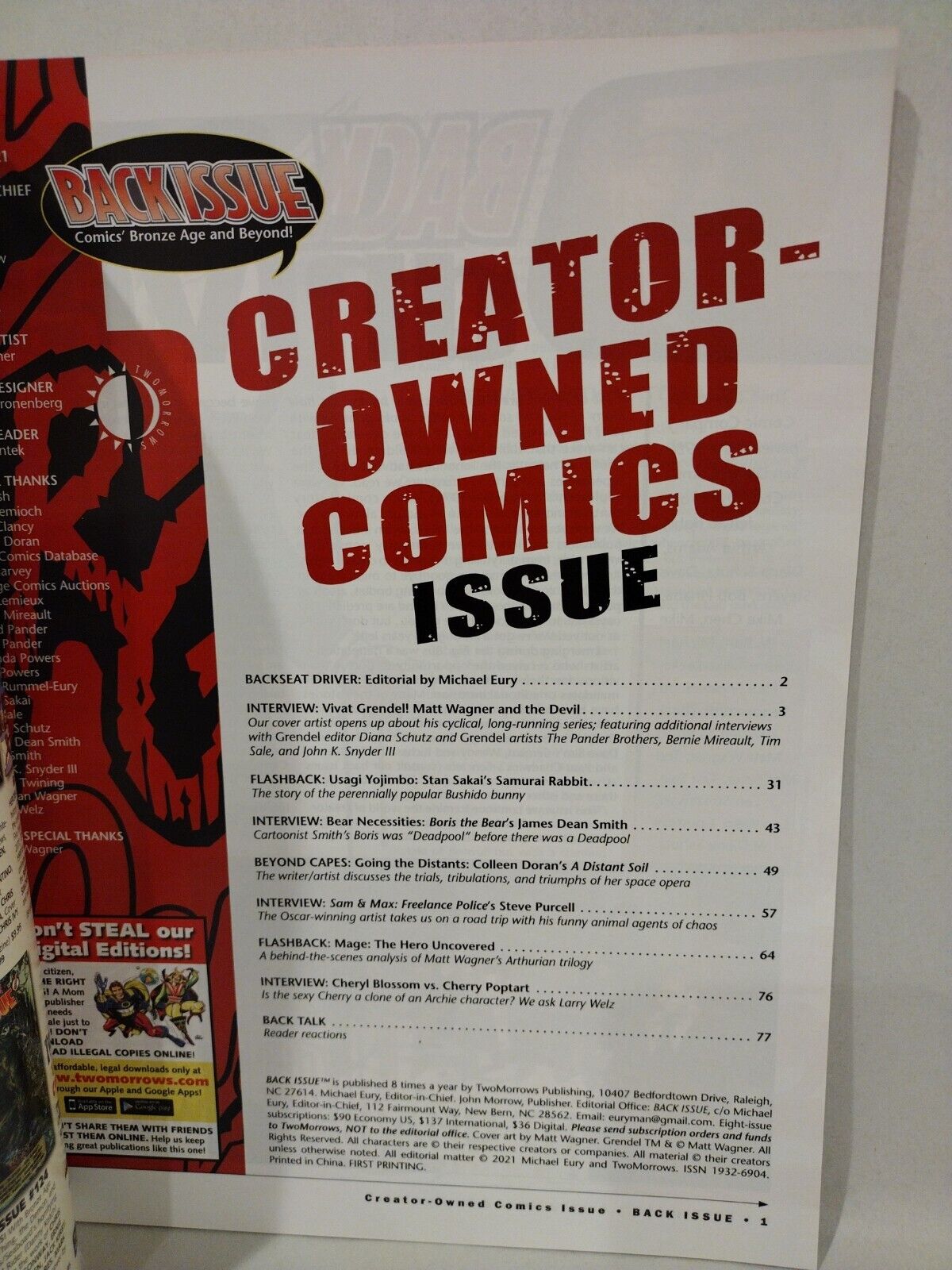 Back Issue Magazine #125 (2021) creator Owned Comics Feature Grendel Cover New