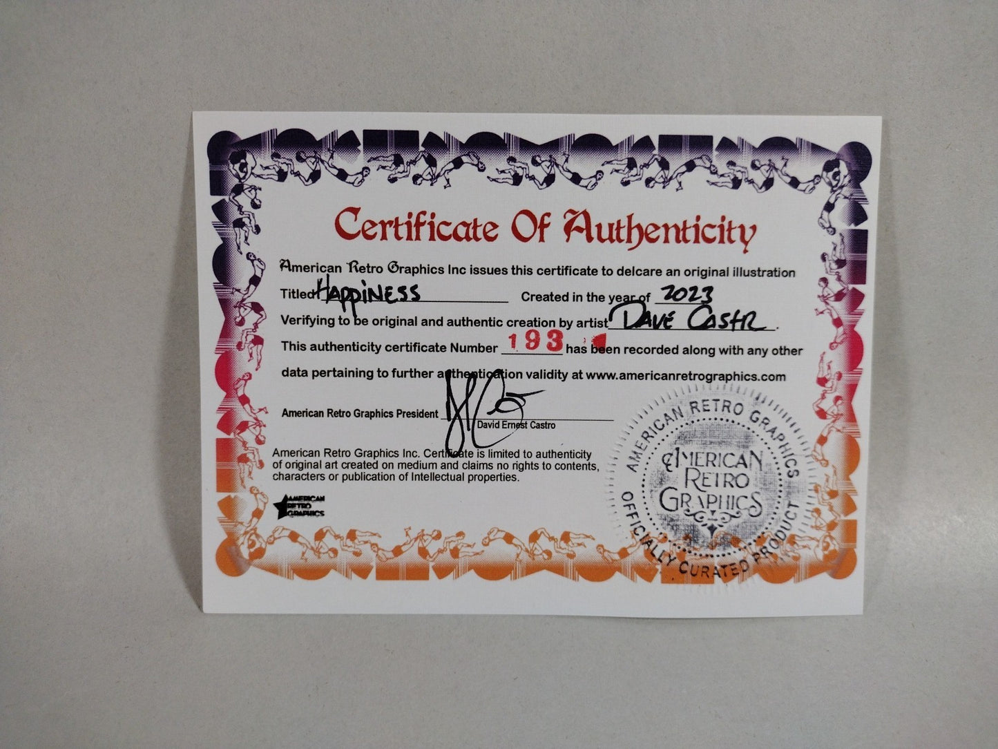 Happiness Original (2023) Dave Castr 8.5 X 11" Pencil Ink Drawing W ARG COA 193