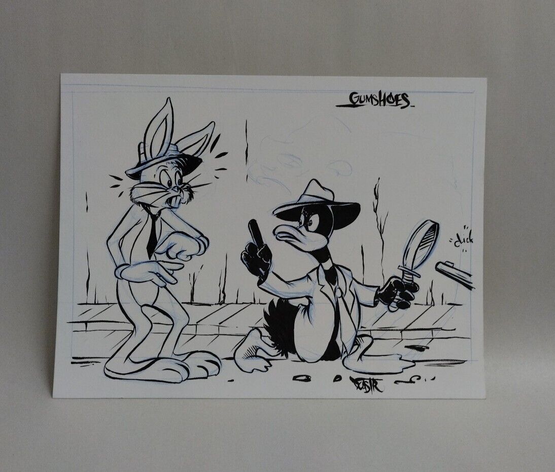 Daffy Duck & Bugs Bunny Gumshoes Original Illustration 9x 12" Signed Dave Castr