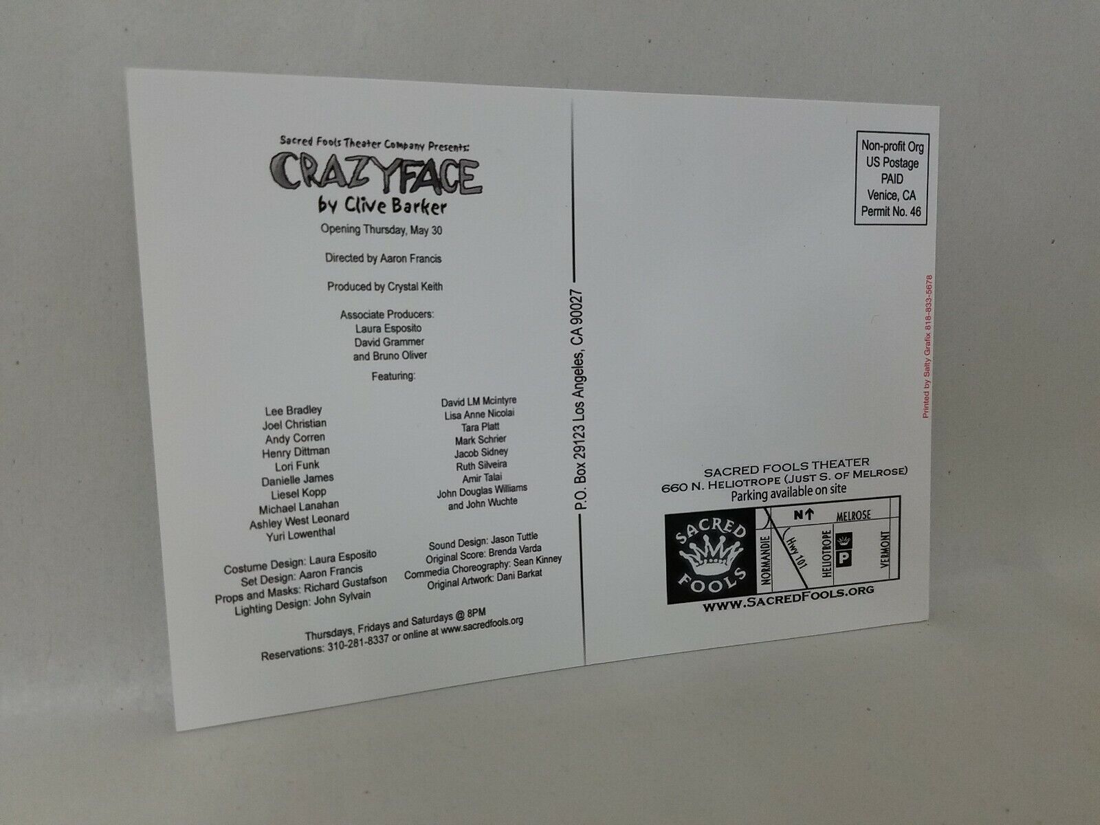 Crazyface By Clive Barker 4x6 Sacred Fools Postcard Los Angeles Theater