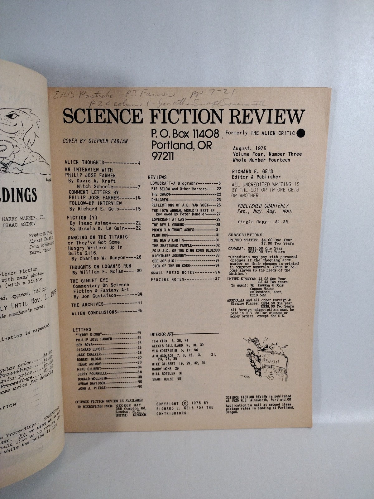 Science Fiction Review (1975) Fanzine Lot #14 20 21 Stephen Fabian Cover Art