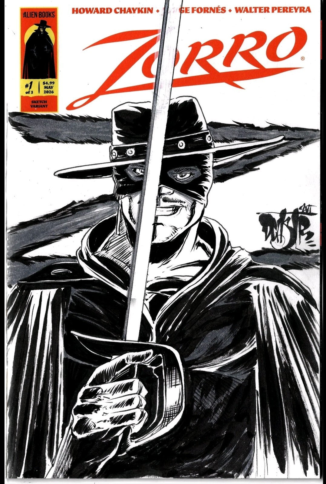 Zorro 1 (2026) Alien Books Sketch Variant Cover Comic W Original Dave Castr Art
