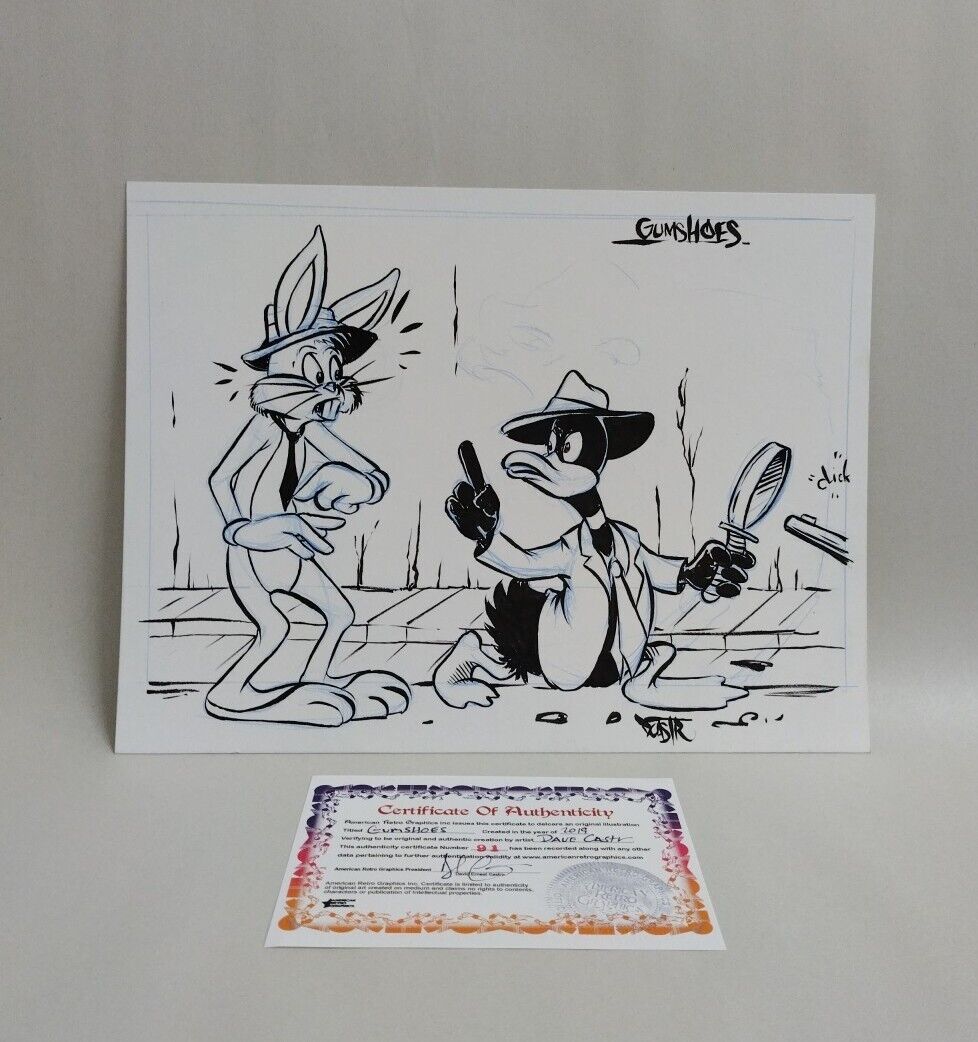 Daffy Duck & Bugs Bunny Gumshoes Original Illustration 9x 12" Signed Dave Castr