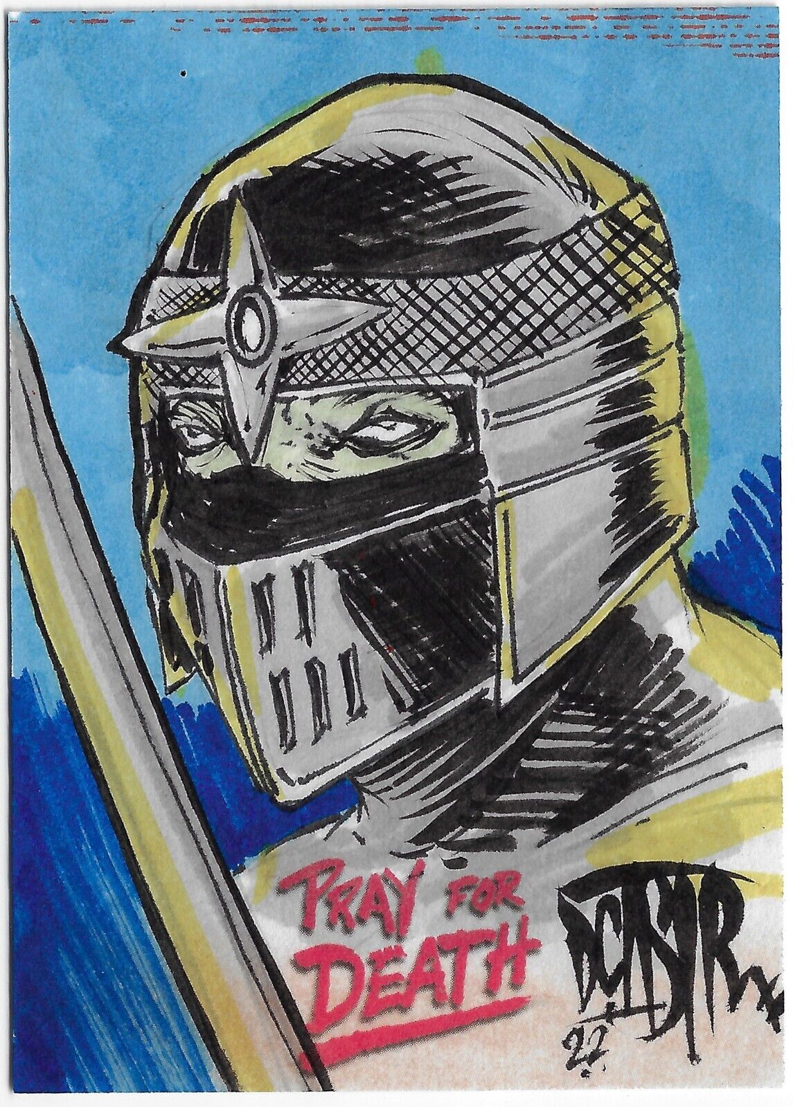 Pray For Death (2022) American Retro Graphics Sketch Card w Original DCastr Art