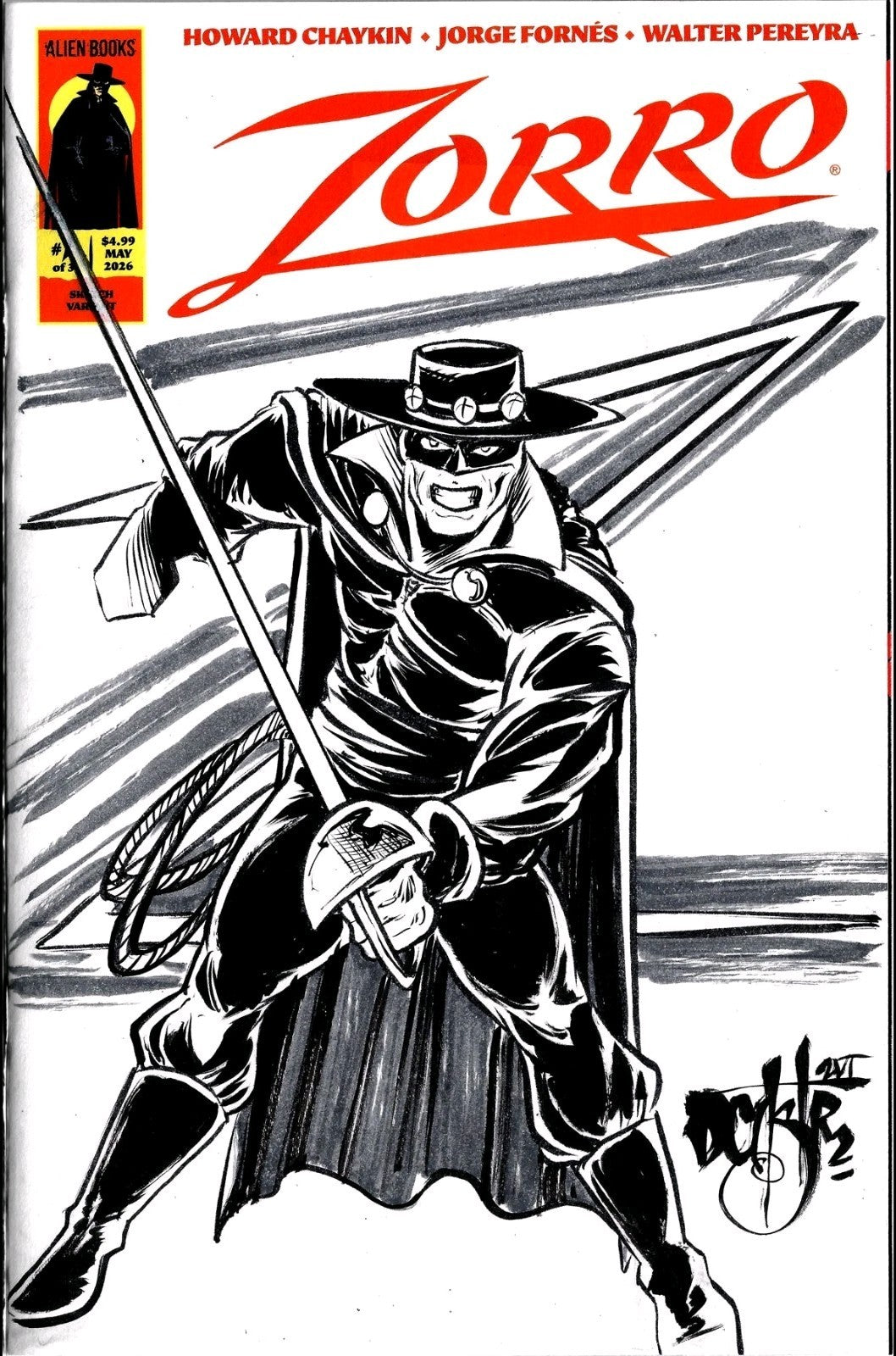 Zorro 1 (2026) Alien Books Sketch Variant Cover Comic W Original Dave Castr Art
