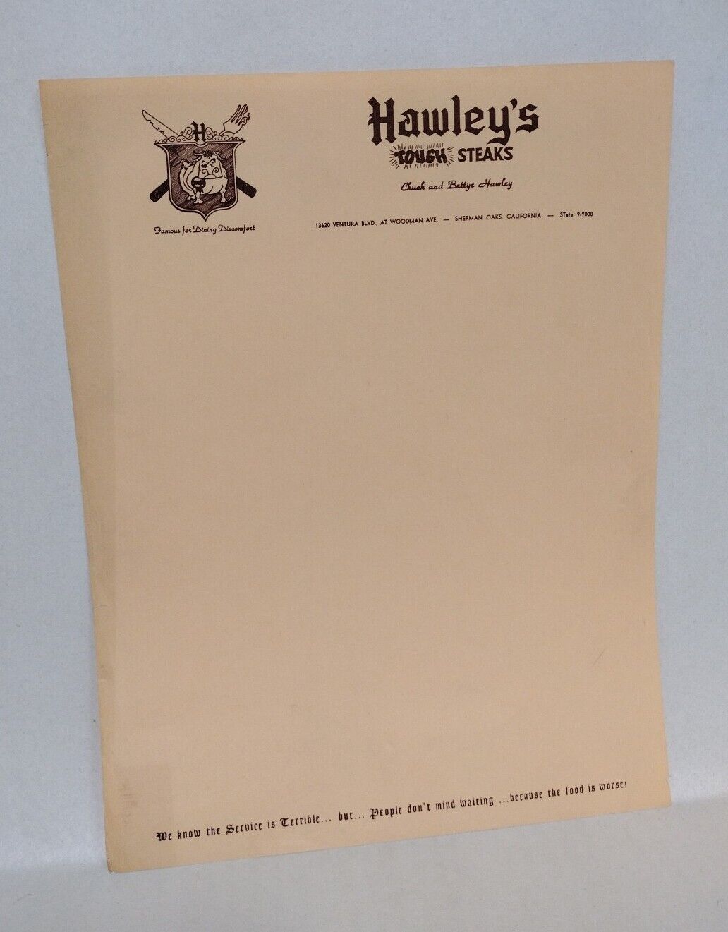 Hawley's Tough Steaks (1954) Original Restaurant Menu And Letterhead