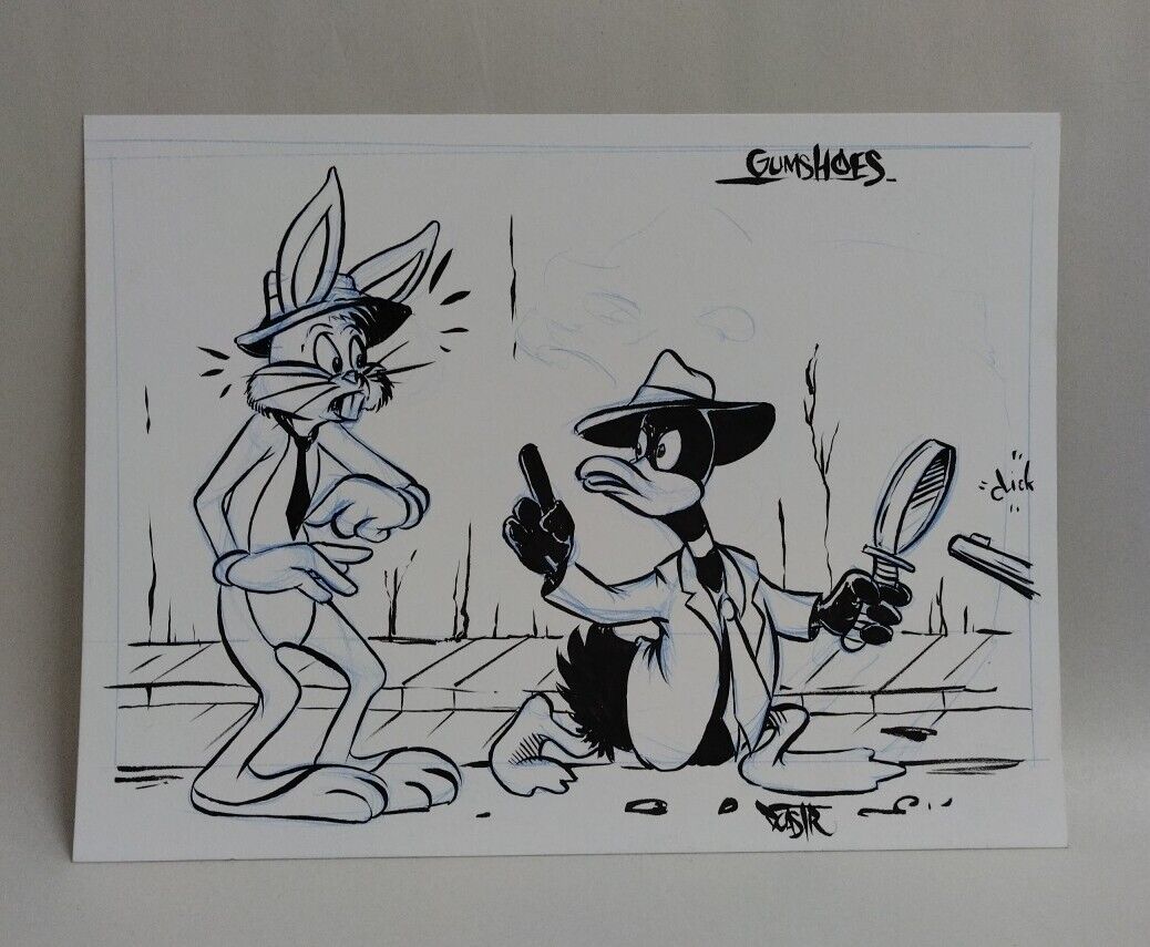 Daffy Duck & Bugs Bunny Gumshoes Original Illustration 9x 12" Signed Dave Castr