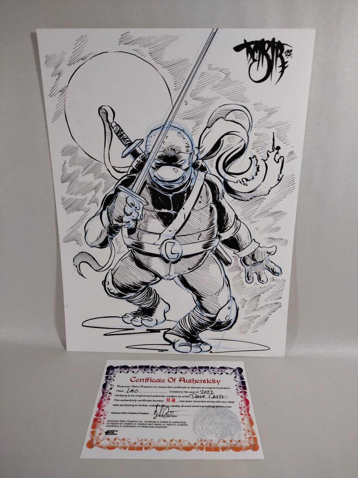 Leo 9 x 12" Original Dave Castr TMNT Inked Comic Fan Art  W ARG COA 62