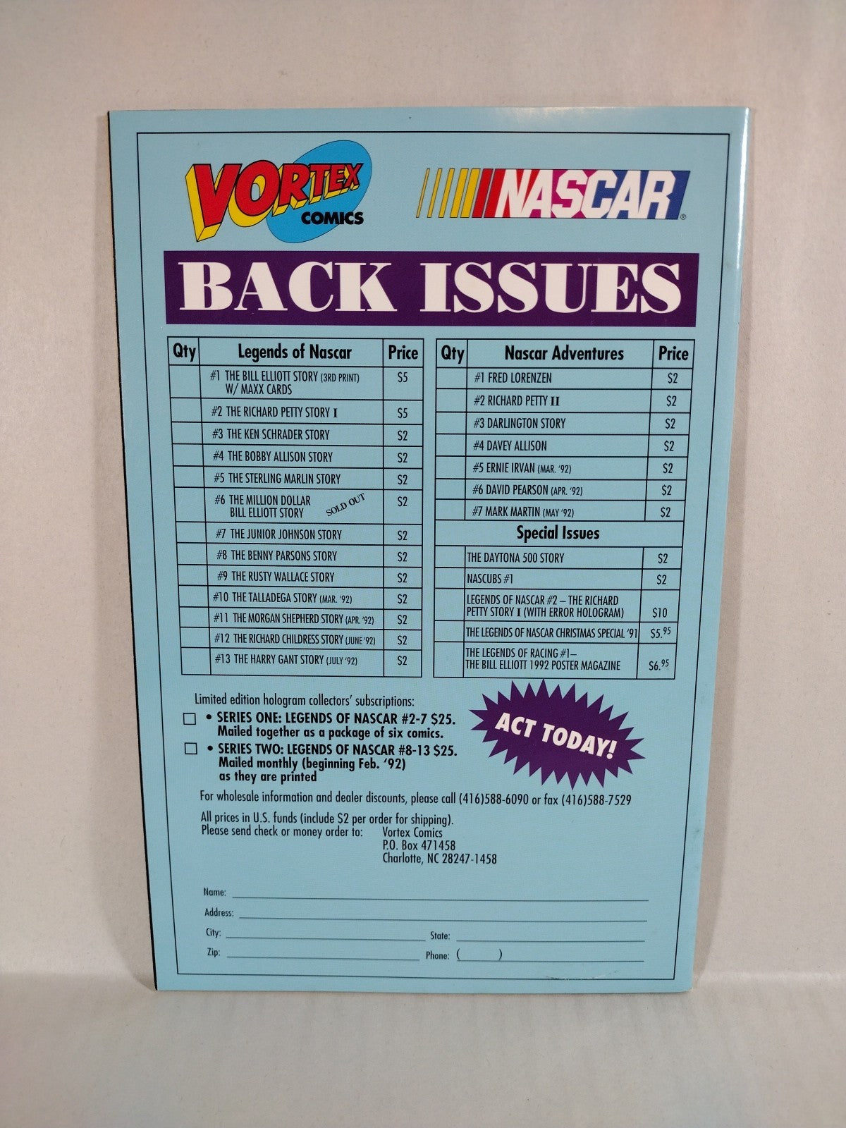 Legends of NASCAR 1992 Vortex Comic #'d Hologram Set Issues 9 10 11 12 13