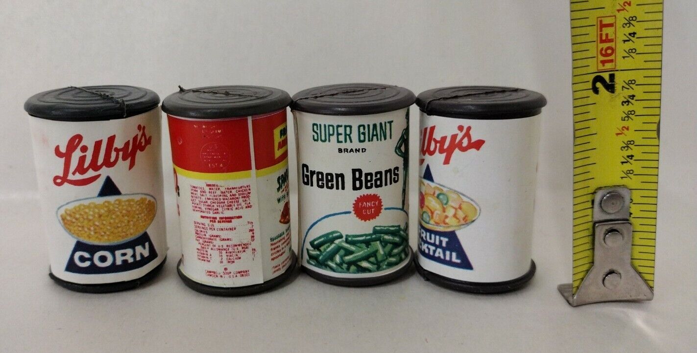 Mini Plastic Canned Toy Food 1987 4 Cans 1 3/4" Libby's Spaghettios Green Giant