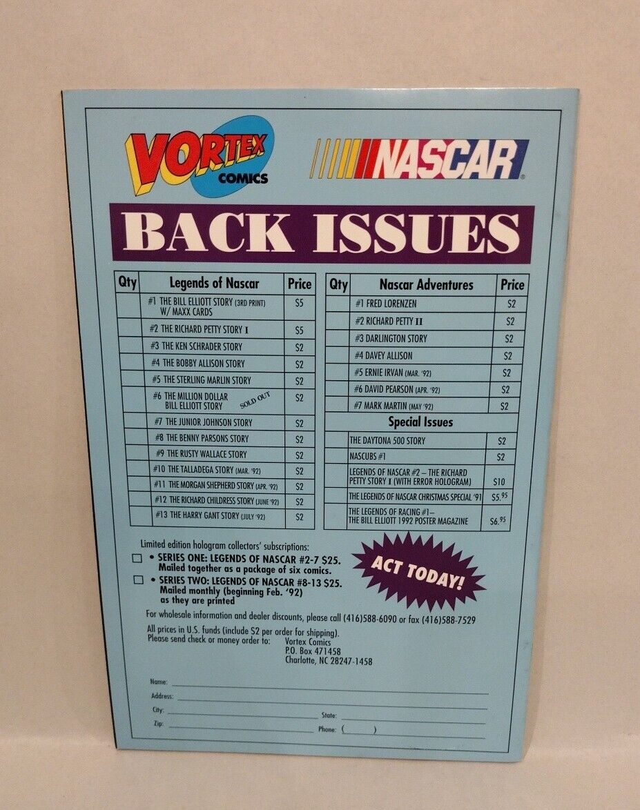 Legends Of NASCAR (1992) Vortex Hologram Variant Comic Lot Set #9 10 11 12 13