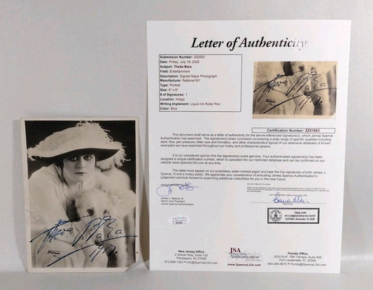 Theda Bara Vamp Silver Screen Actress 6 X 9" 1917 Sepia Photo Signed W JSA COA