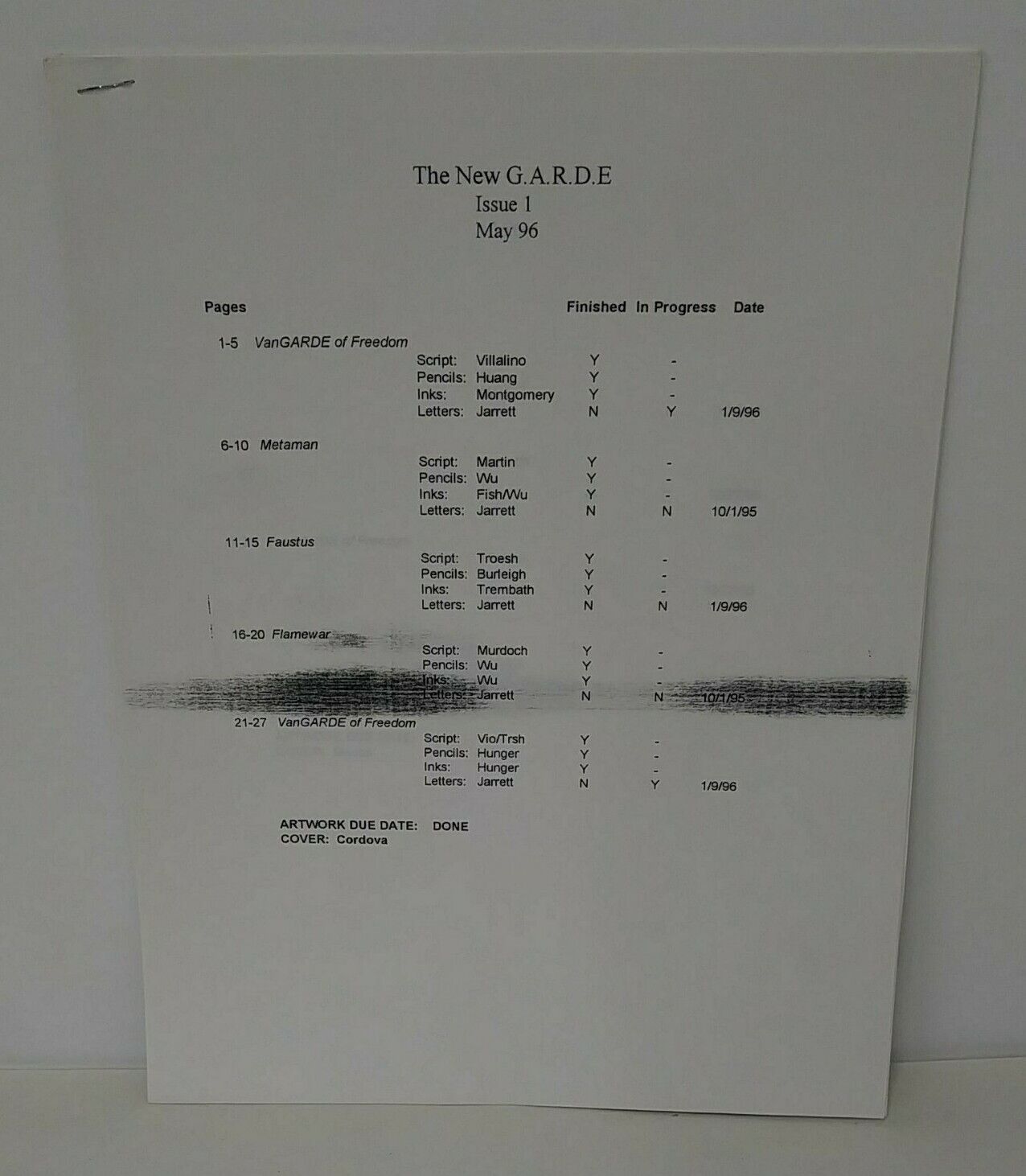 Top Cow (1996) Folder W Artist Acceptance & Rejection Letters Comic Team Roster