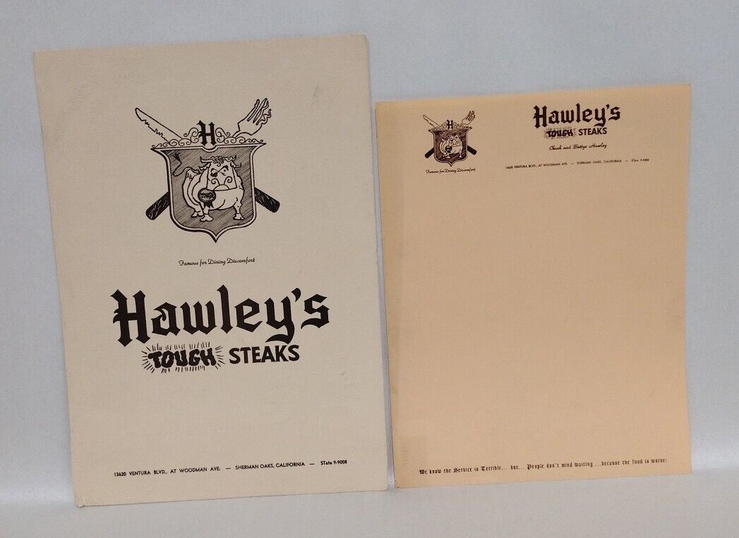 Hawley's Tough Steaks (1954) Original Restaurant Menu And Letterhead