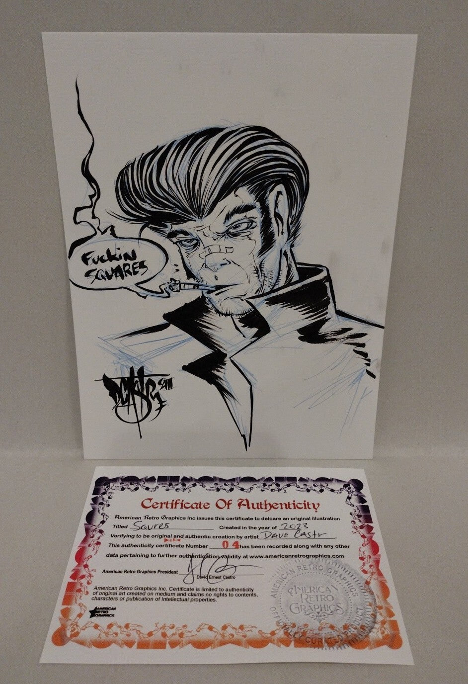 Squres Original (2023) Rebel Dave Castr 8 X 6" Pencil Ink Illustration W COA #4