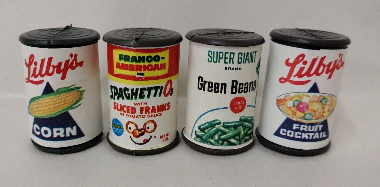 Mini Plastic Canned Toy Food 1987 4 Cans 1 3/4" Libby's Spaghettios Green Giant