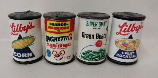 Mini Plastic Canned Toy Food 1987 4 Cans 1 3/4" Libby's Spaghettios Green Giant