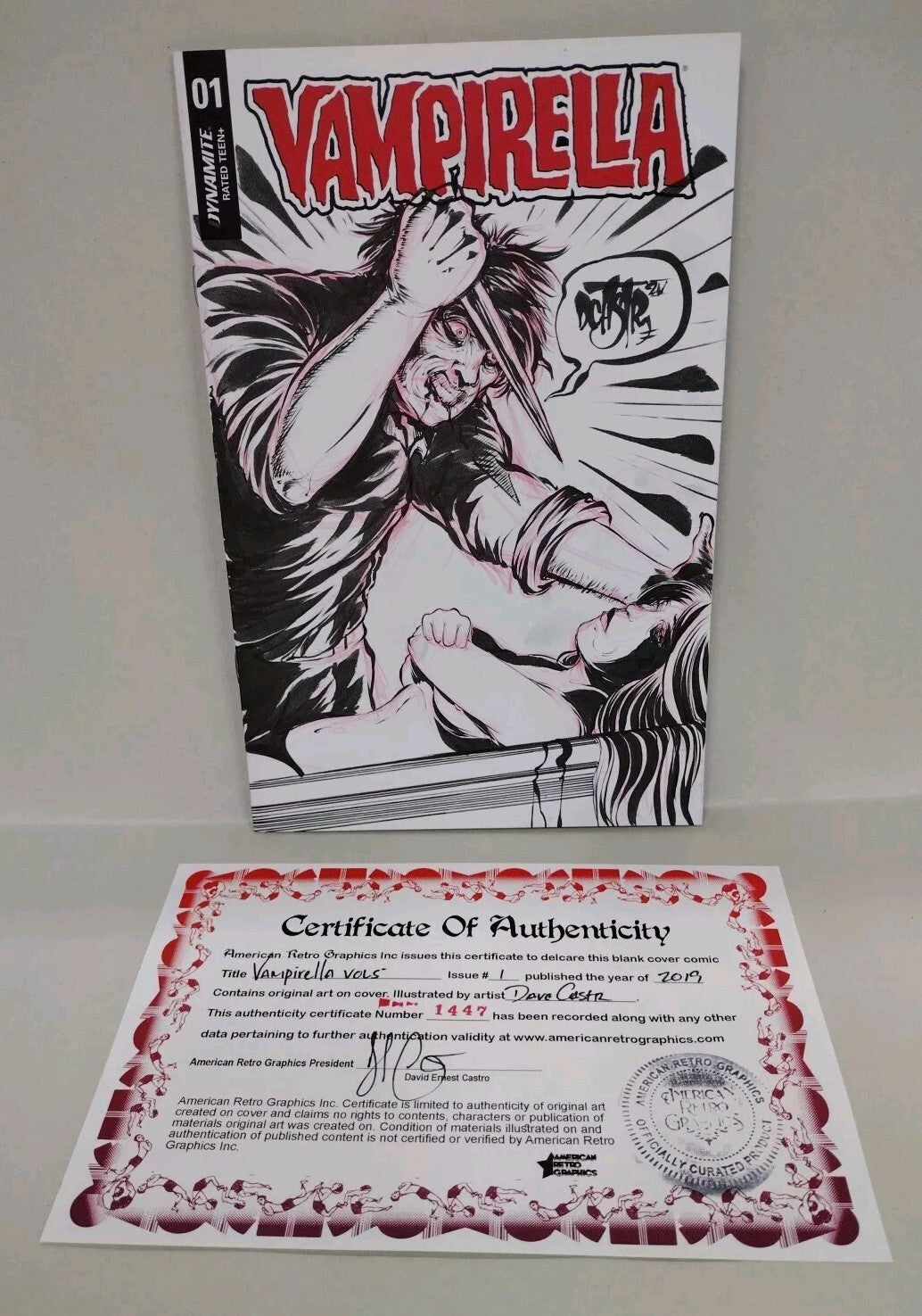 Vampirella #1 (2019) Dynamite Sketch Variant Comic W Original Dave Castr Art COA