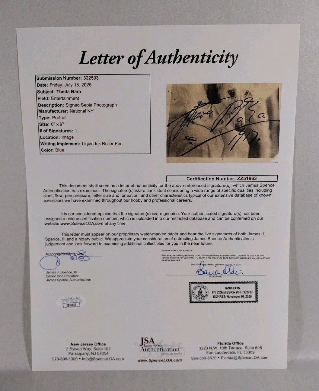 Theda Bara Vamp Silver Screen Actress 6 X 9" 1917 Sepia Photo Signed W JSA COA