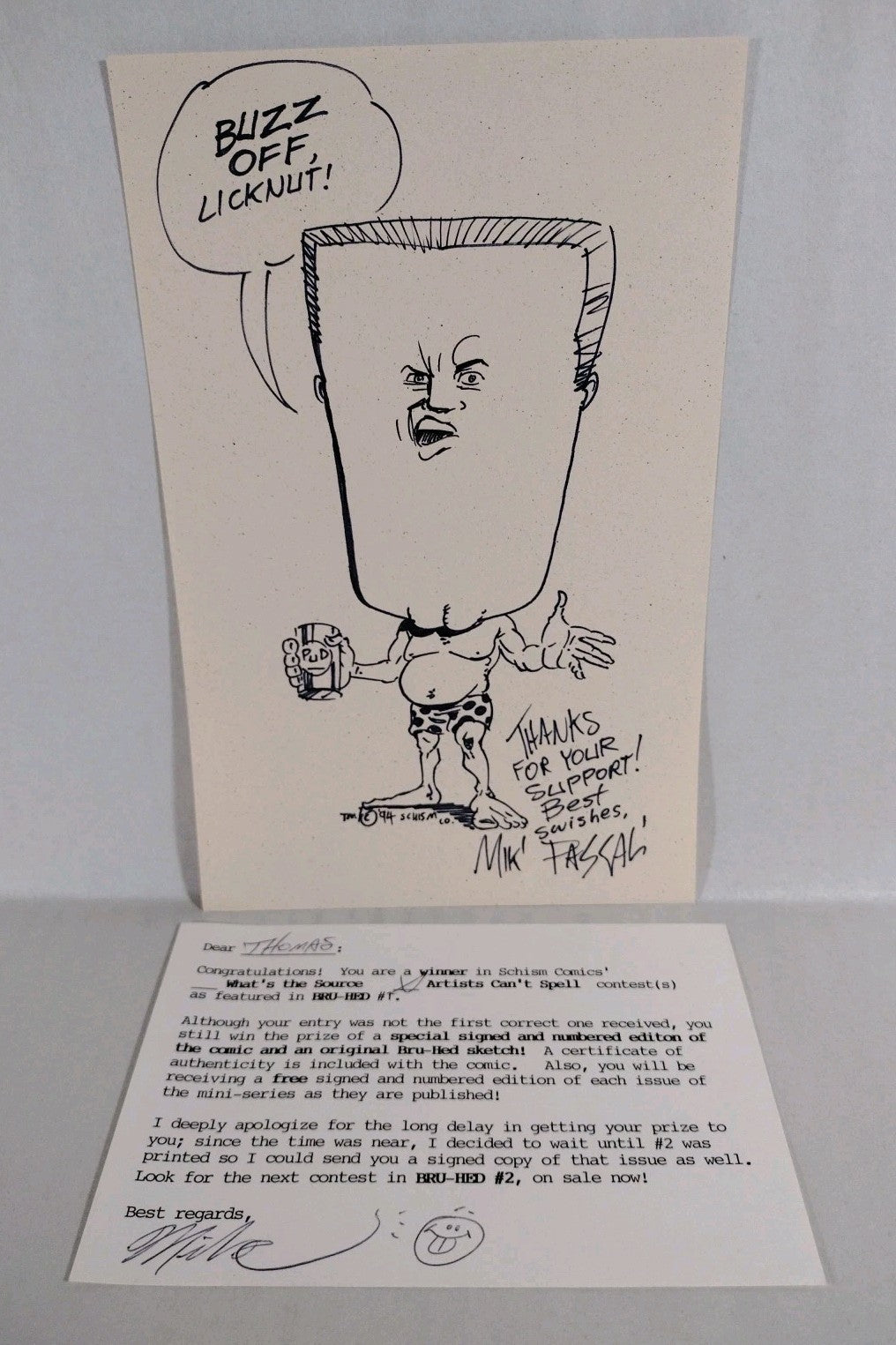 Original 1994 Mike Pascale Bru-Head Sketch W COA 8.75 X 5.75"