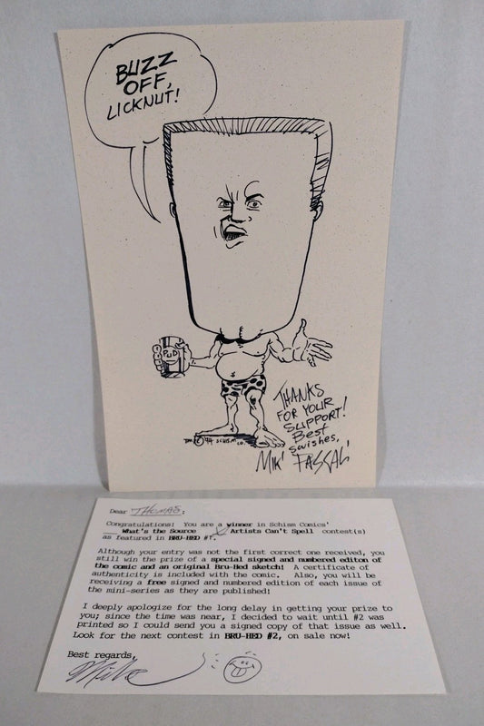 Original 1994 Mike Pascale Bru-Head Sketch W COA 8.75 X 5.75"