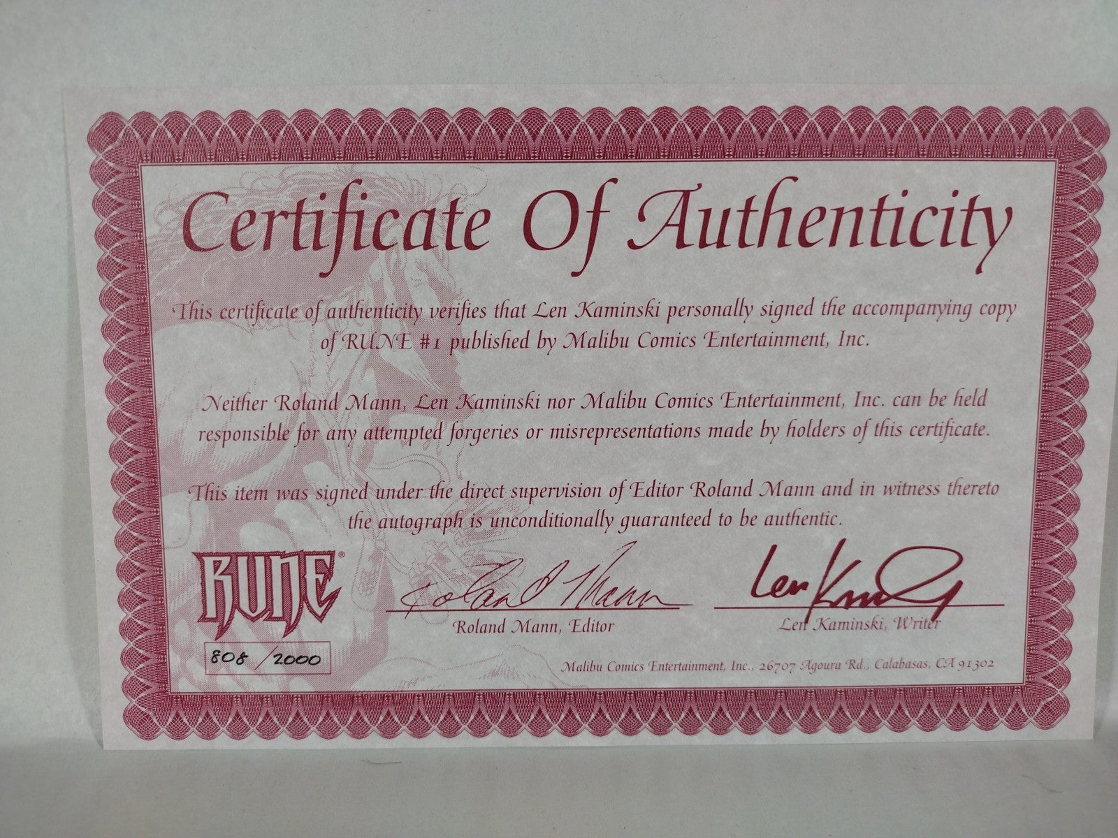 Rune #1 (1995) Vol 2 Malibu Comic Kyle Hotz Tim Vigil Signed Len Kaminski W COA