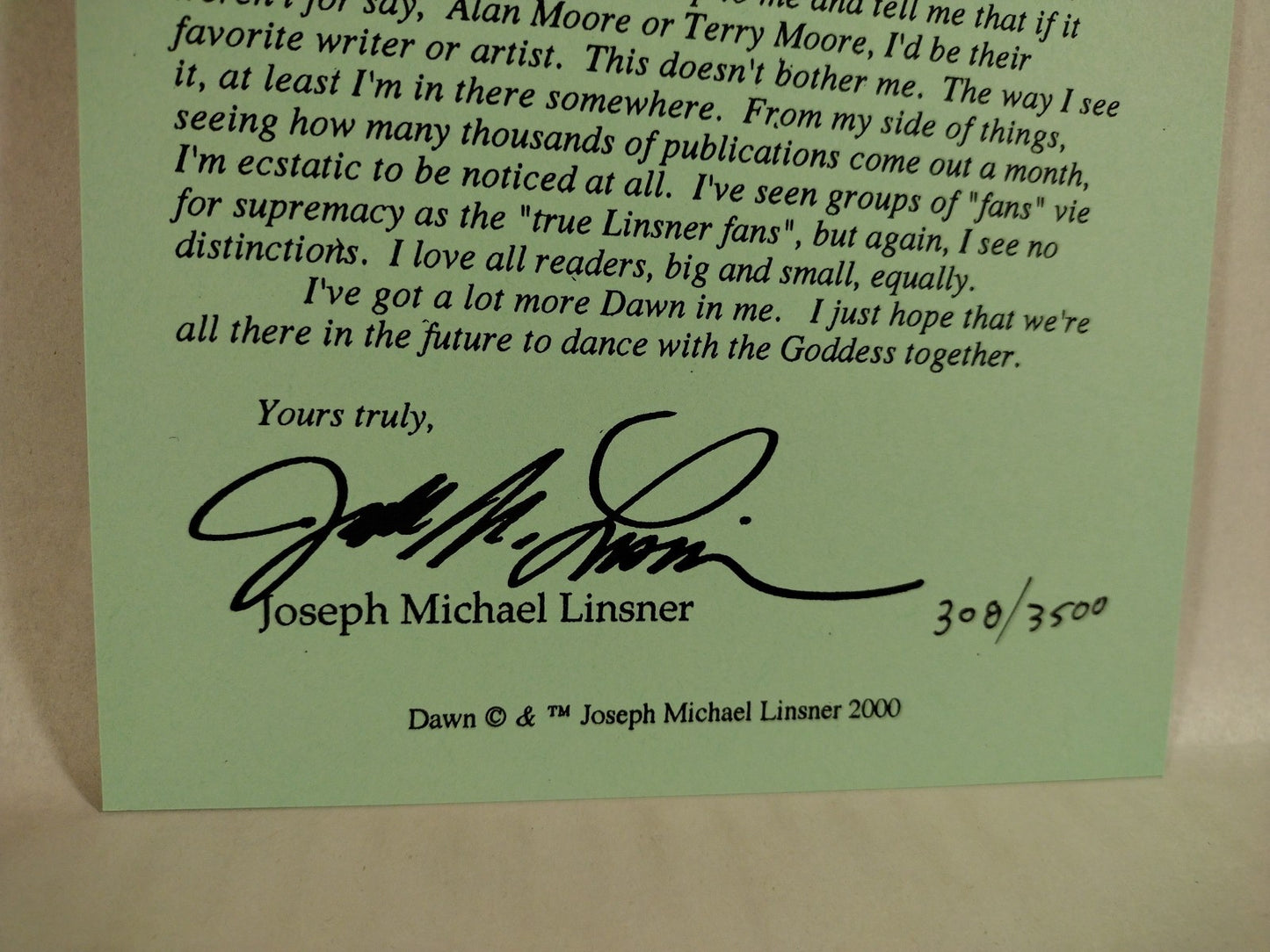 Dawn Return Of The Goddess Limited #4 Signed J M Linsner W COA #'d 308/3500 NM