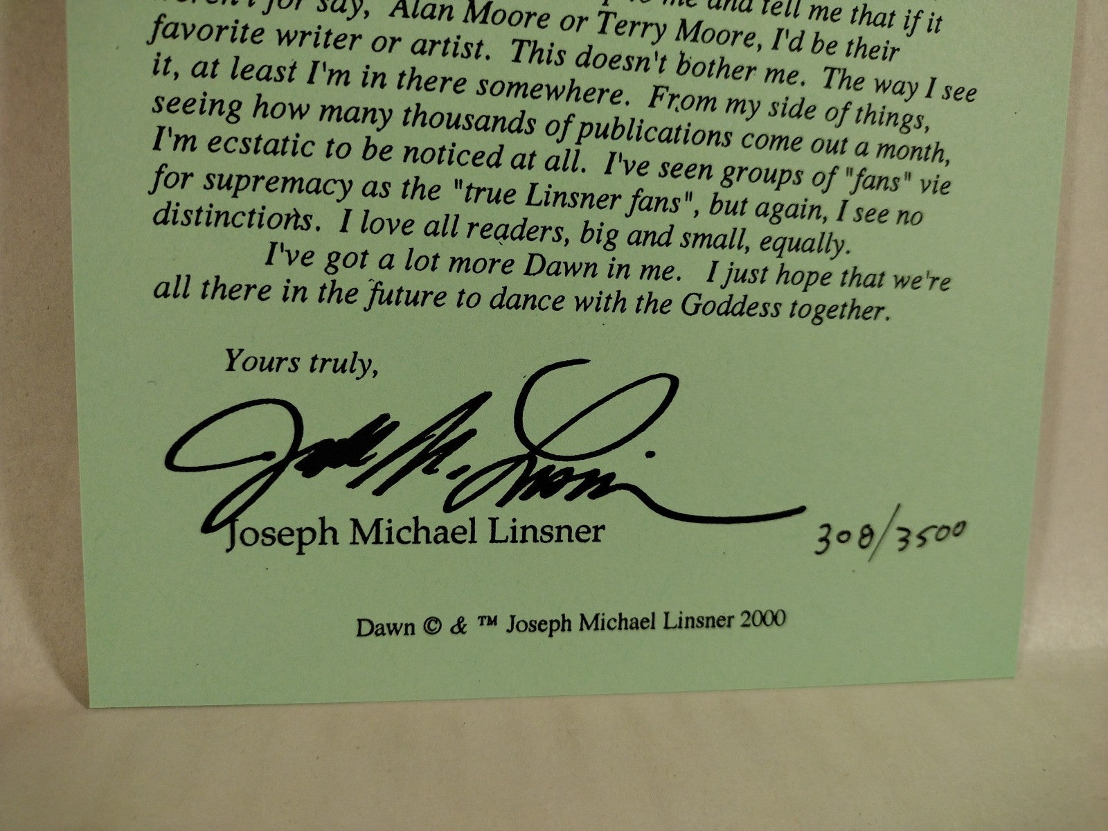Dawn Return Of The Goddess Limited #4 Signed J M Linsner W COA #'d 308/3500 NM