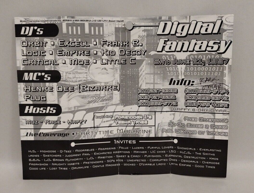 Digital Fantasy 2 1997 Los Angeles Underground Party Flyer 8.5 X 11 Party Crews