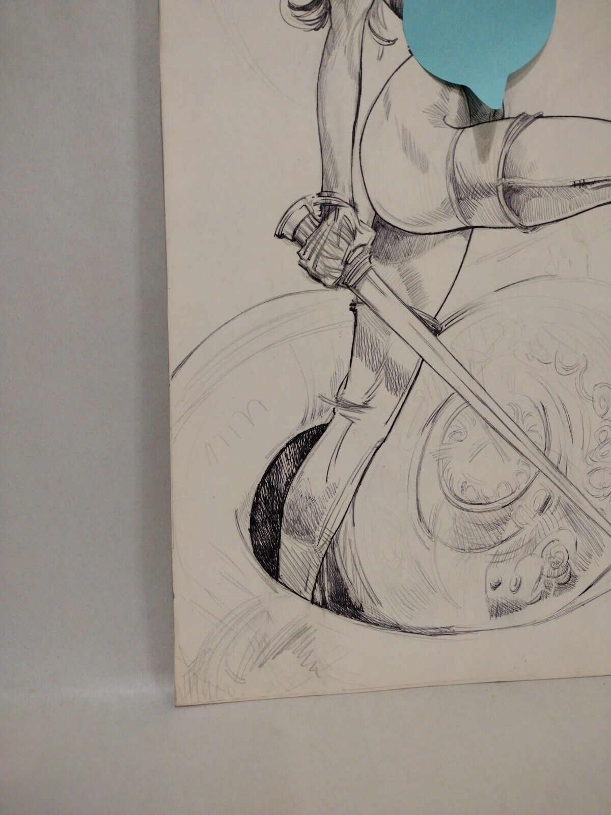 Original Woman Warrior Comic Art Pin-Up Unknown Artiat 11 X 17" Ballpoint Pen