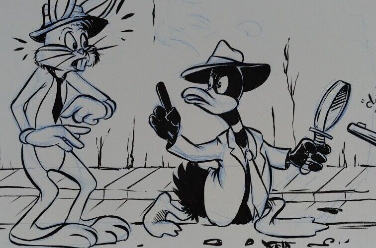 Daffy Duck & Bugs Bunny Gumshoes Original Illustration 9x 12" Signed Dave Castr