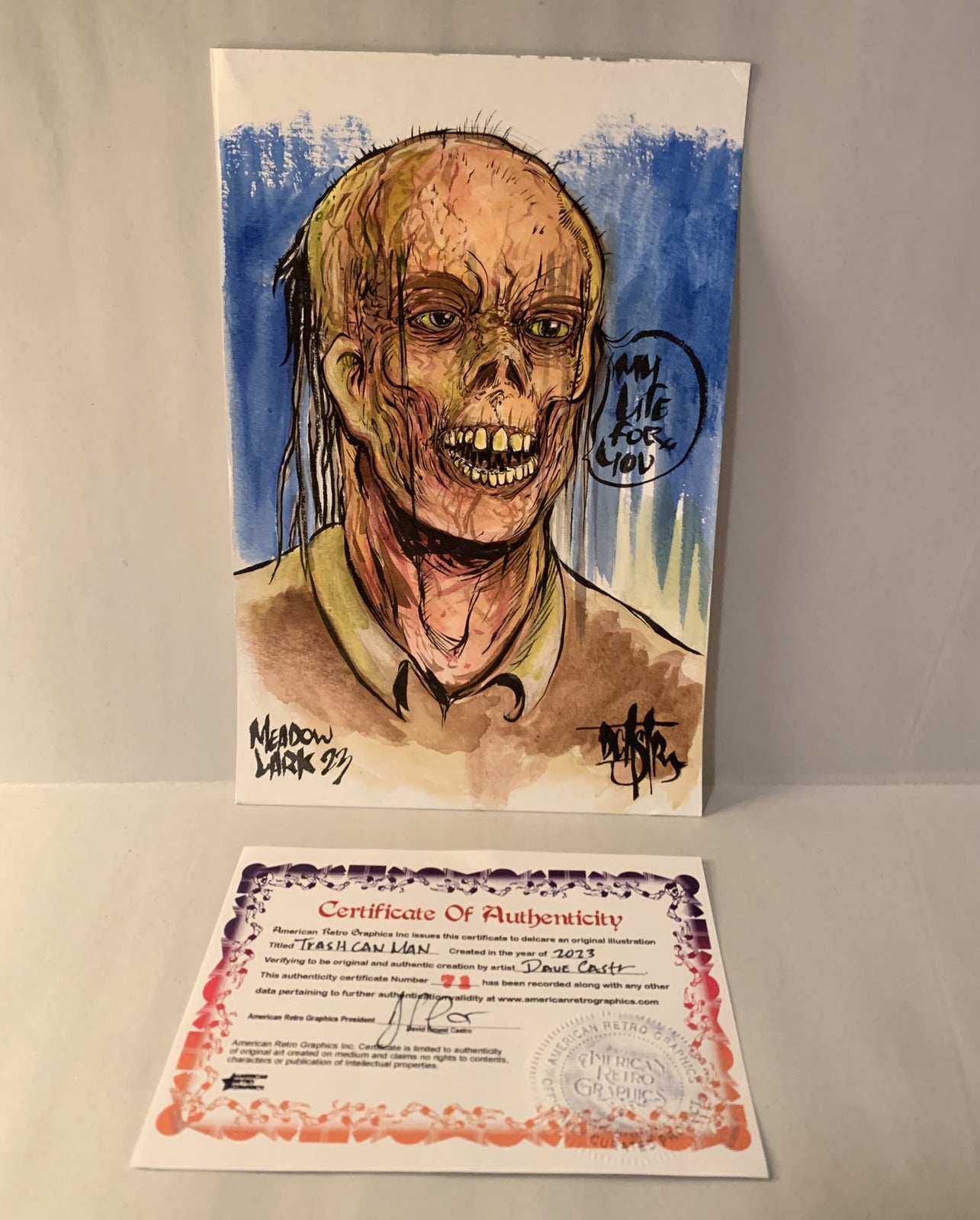 Trash Can Man Original 9 x 6” Dave Castr Watercolor Stand Horror Art W ARG COA