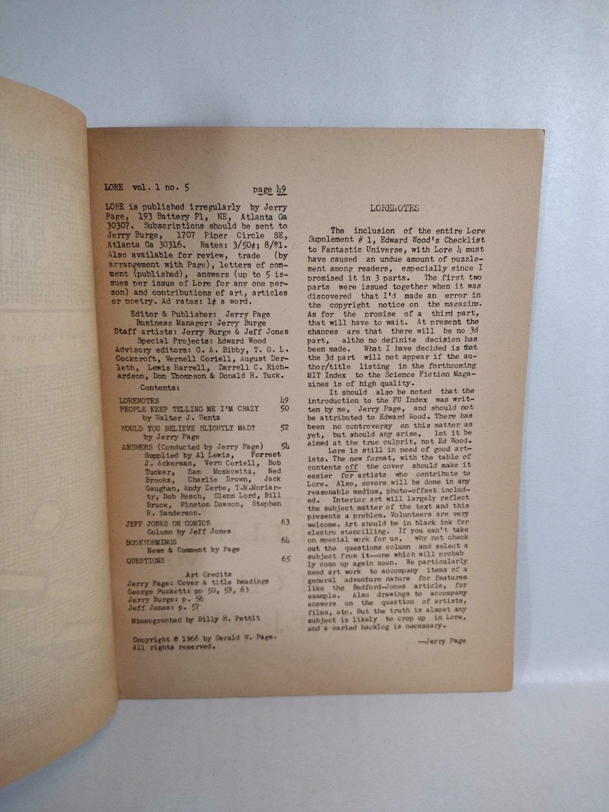 Lore (1966) Jerry Page Fanzine Lot #4 5 6 8 9 Early Jeffery Jones Art