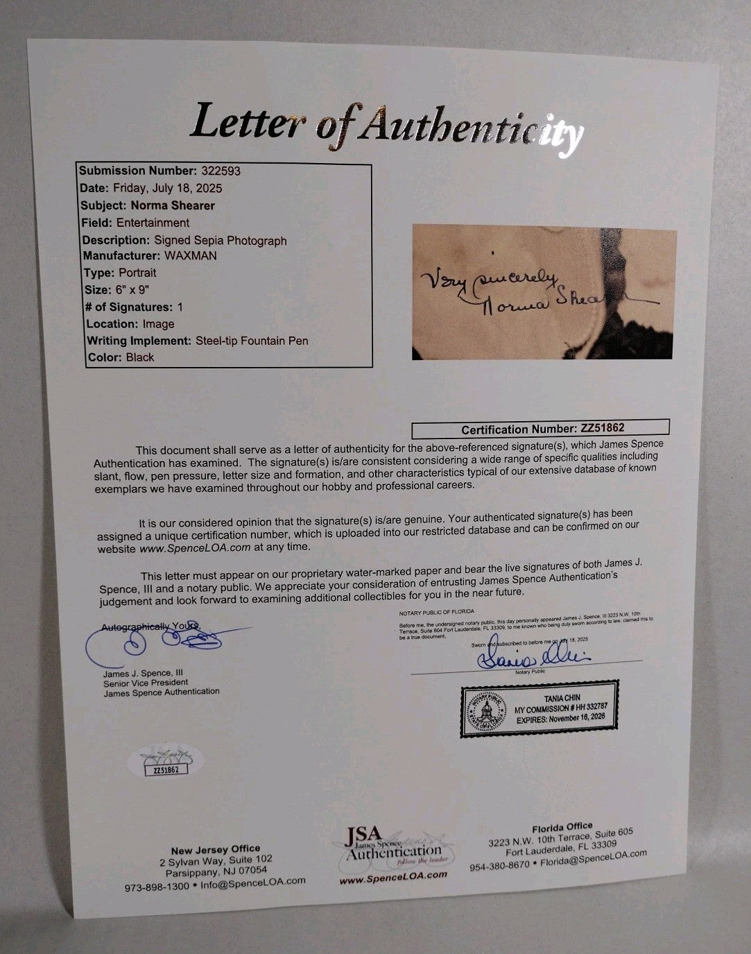 Norma Shearer Silver Screen Actress 6 X 9" Sepia Photo Signed W JSA COA