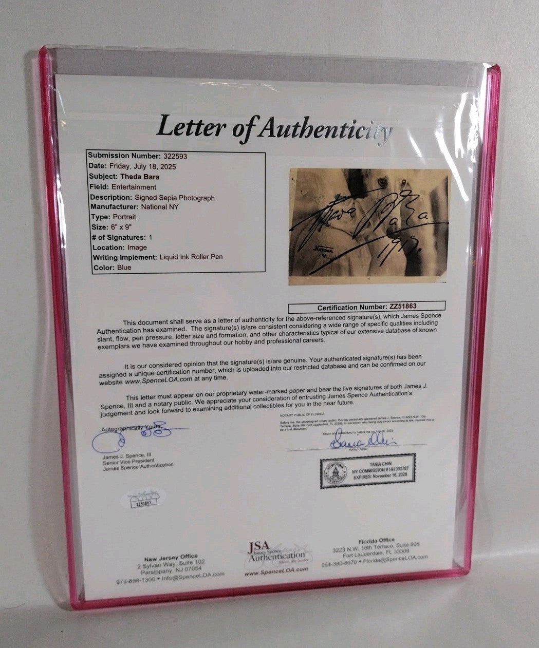 Theda Bara Vamp Silver Screen Actress 6 X 9" 1917 Sepia Photo Signed W JSA COA