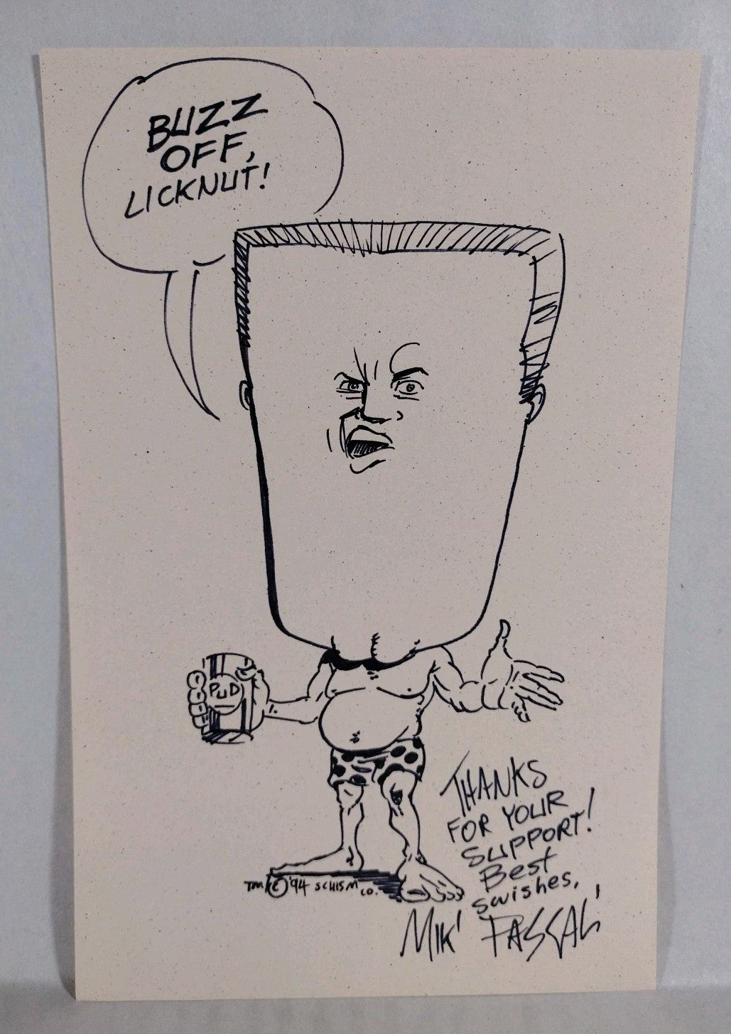 Original 1994 Mike Pascale Bru-Head Sketch W COA 8.75 X 5.75"