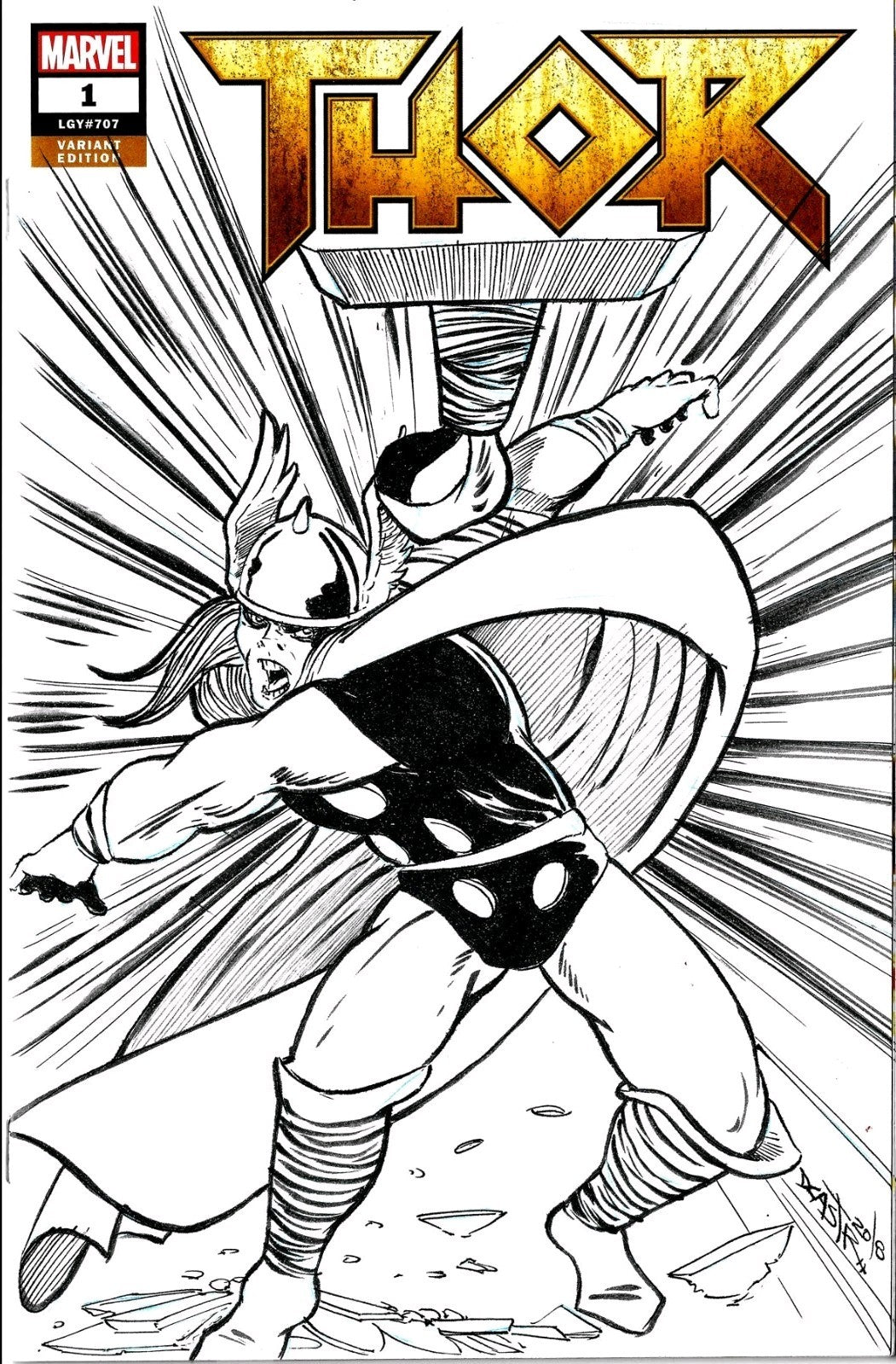 THOR #1 LGY #70 (2018) Marvel Sketch Cover Comic w Original Art Dave Castr 