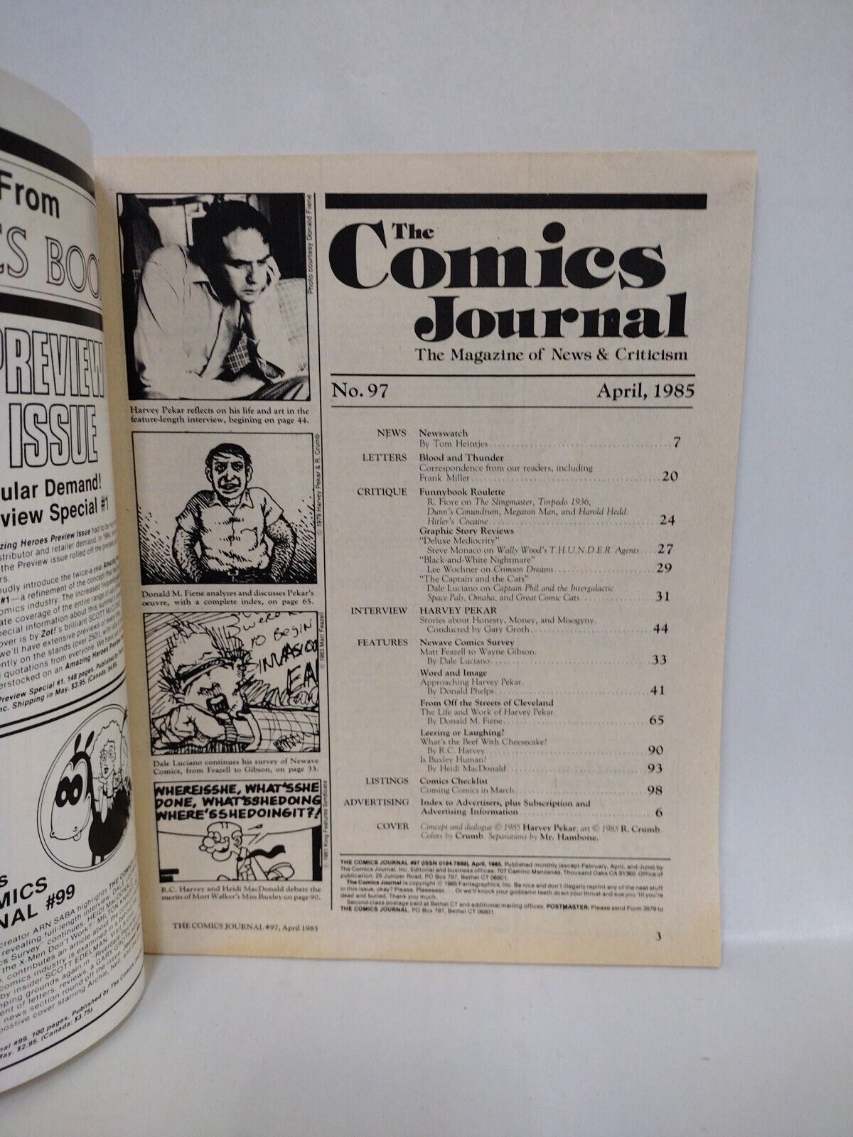 Comics Journal Magazine #97 (1985) Harvey Pekar Issue Robert Crumb Cover VF-NM