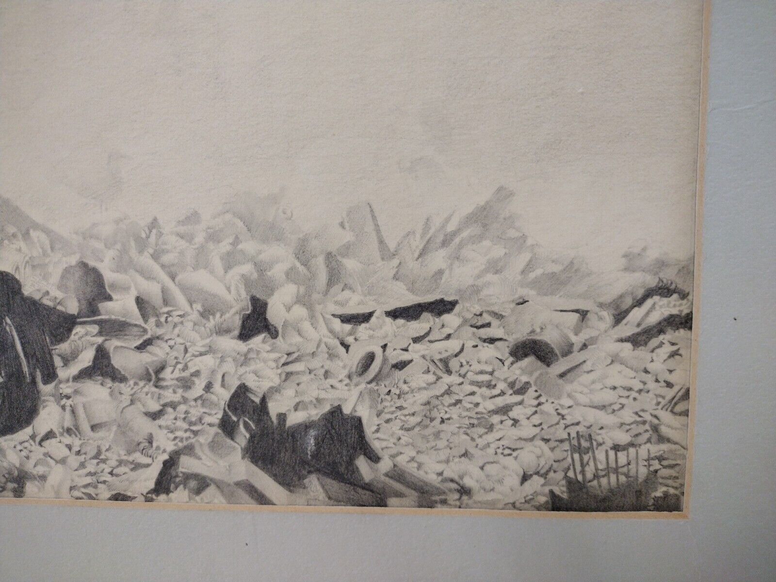 Original 7 X 12 Pencil Illustration Disaster Destruction Unsigned w Matte