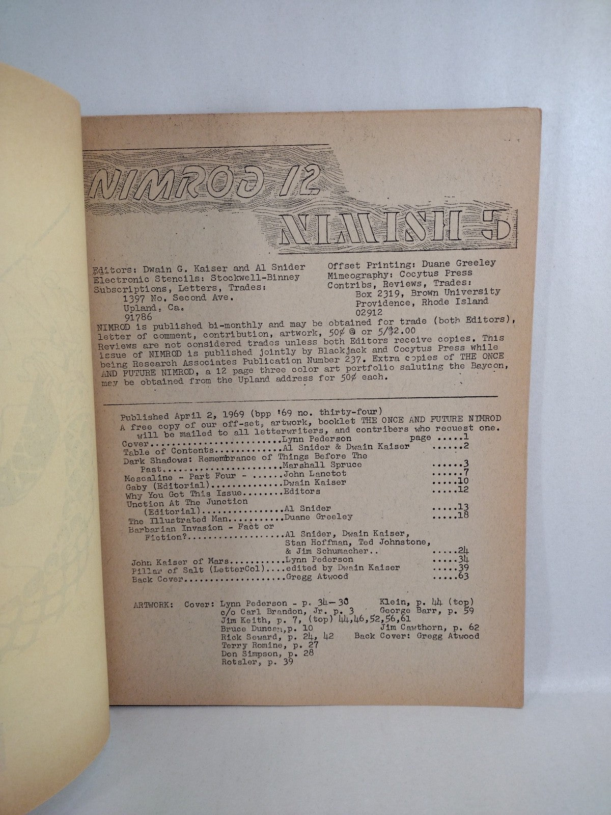 Nimrod #12 (1969) Blackjack Press California Fanzine DEA Lynn Pederson Cover Art