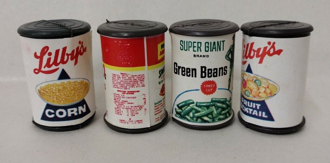 Mini Plastic Canned Toy Food 1987 4 Cans 1 3/4" Libby's Spaghettios Green Giant