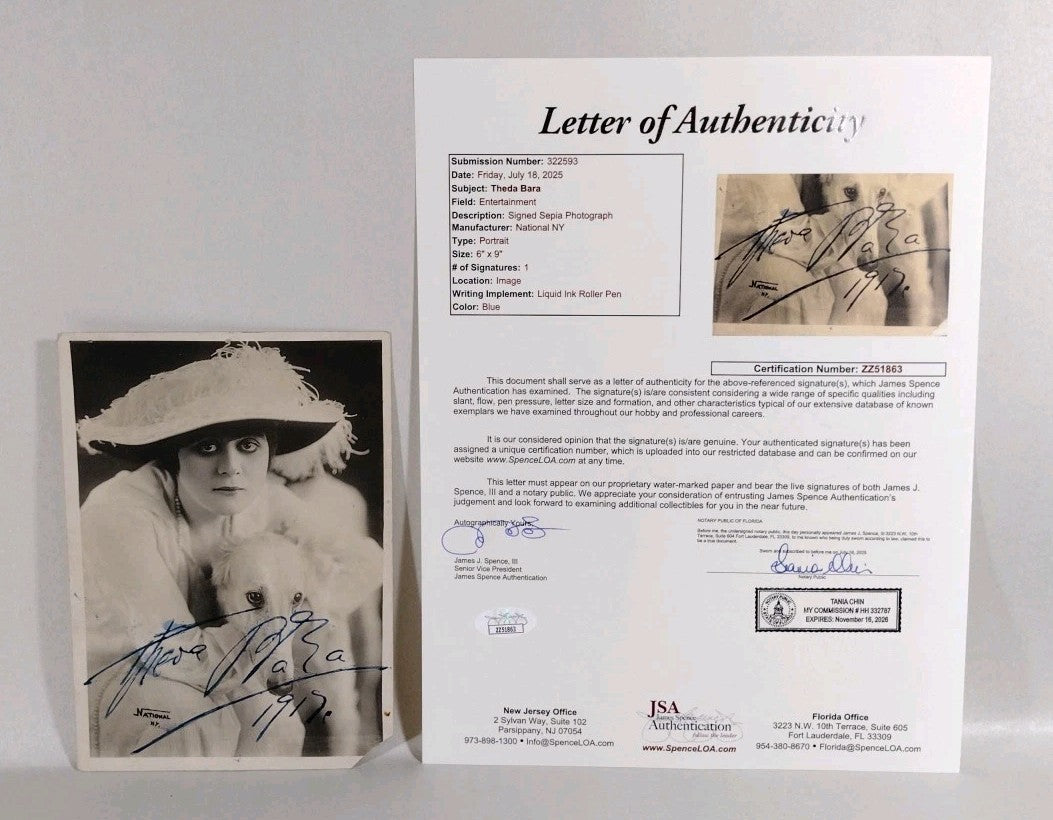 Theda Bara Vamp Silver Screen Actress 6 X 9" 1917 Sepia Photo Signed W JSA COA