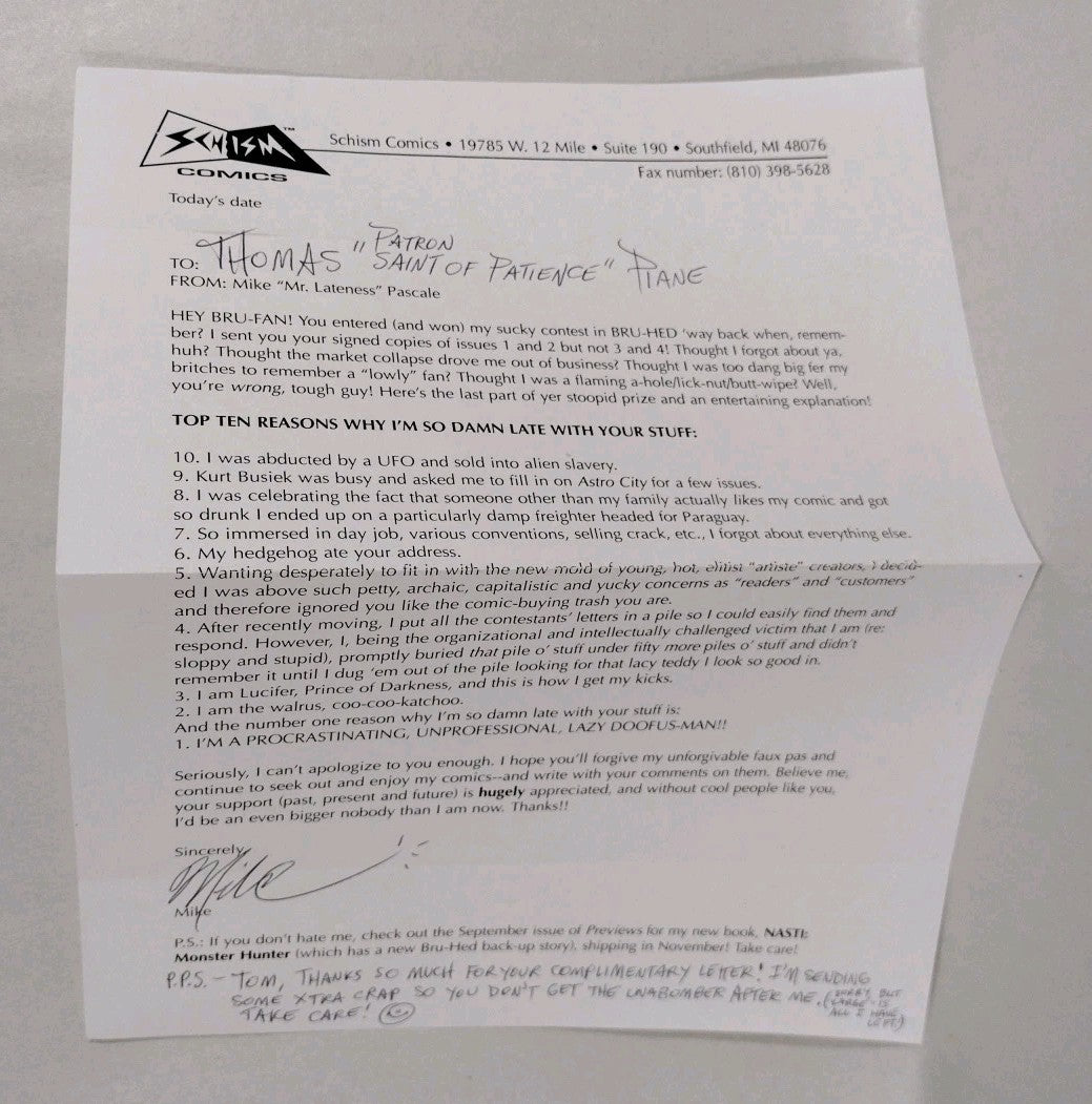 Original 1994 Mike Pascale Bru-Head Sketch W COA 8.75 X 5.75"