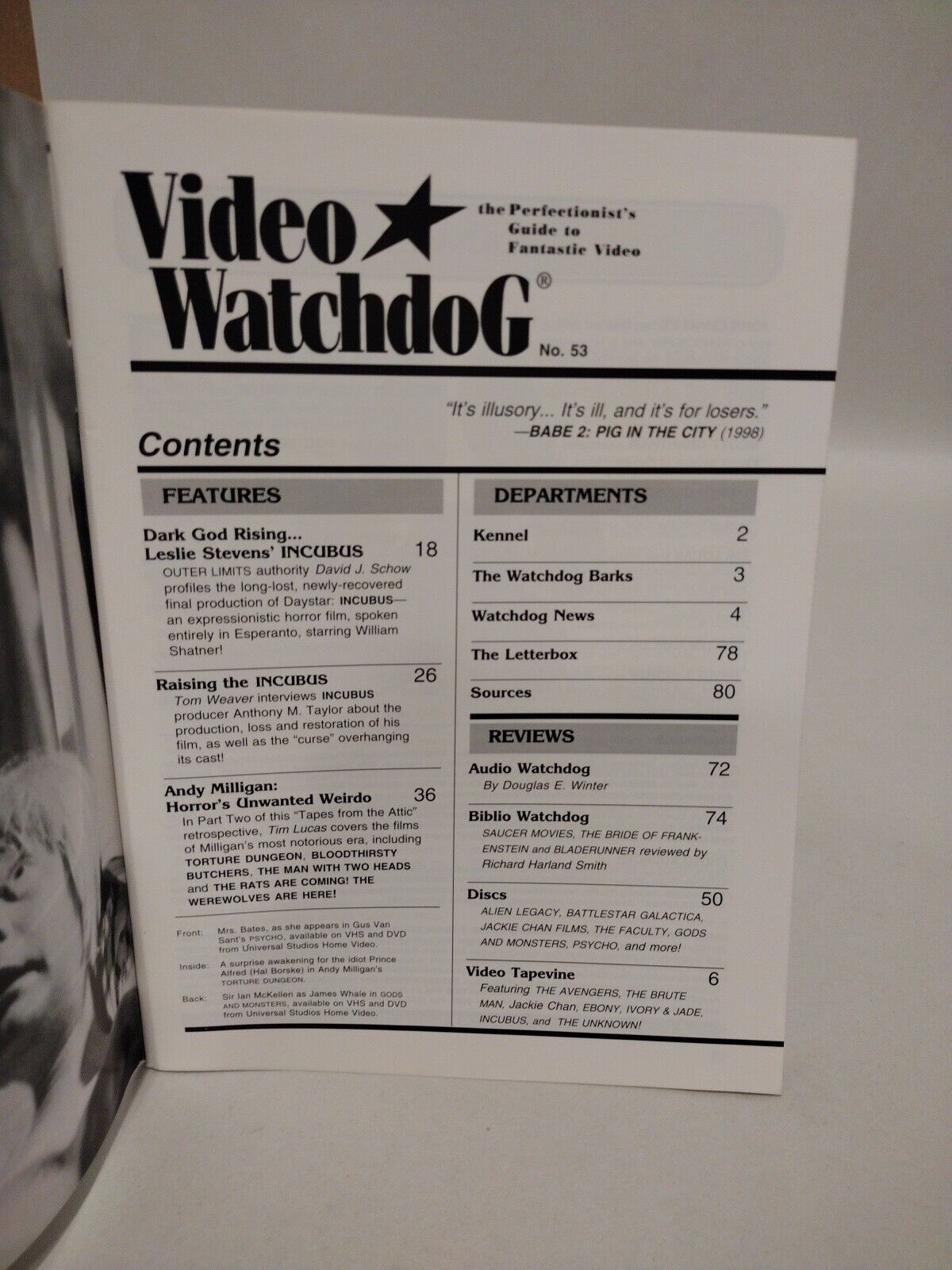 Video Watchdog Magazine #53 (1999) Psycho Alien Leslie Stevens Incubus 