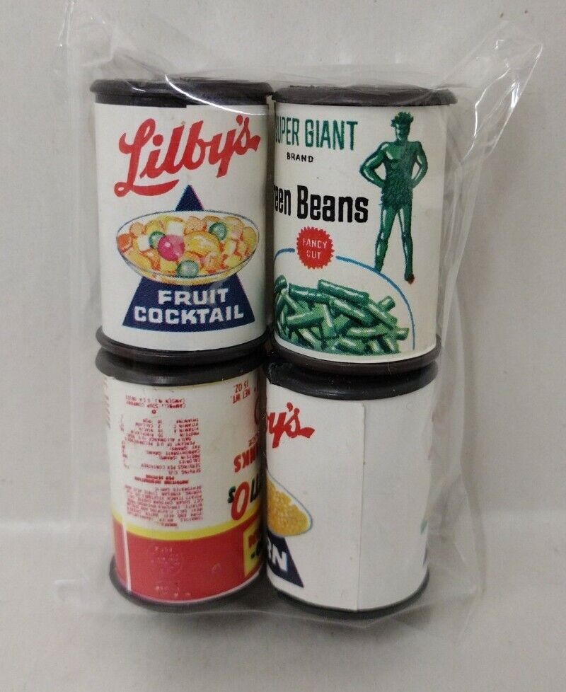 Mini Plastic Canned Toy Food 1987 4 Cans 1 3/4" Libby's Spaghettios Green Giant