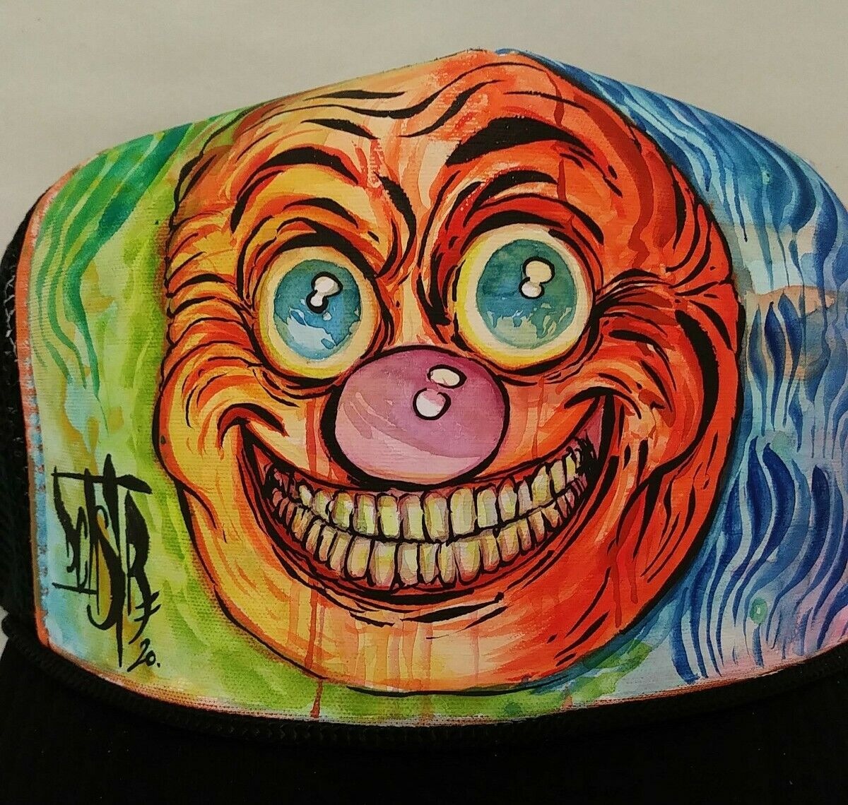 Original Dave Castr Watercolor & Ink Art On Black Trucker Snapback Hat New 2020