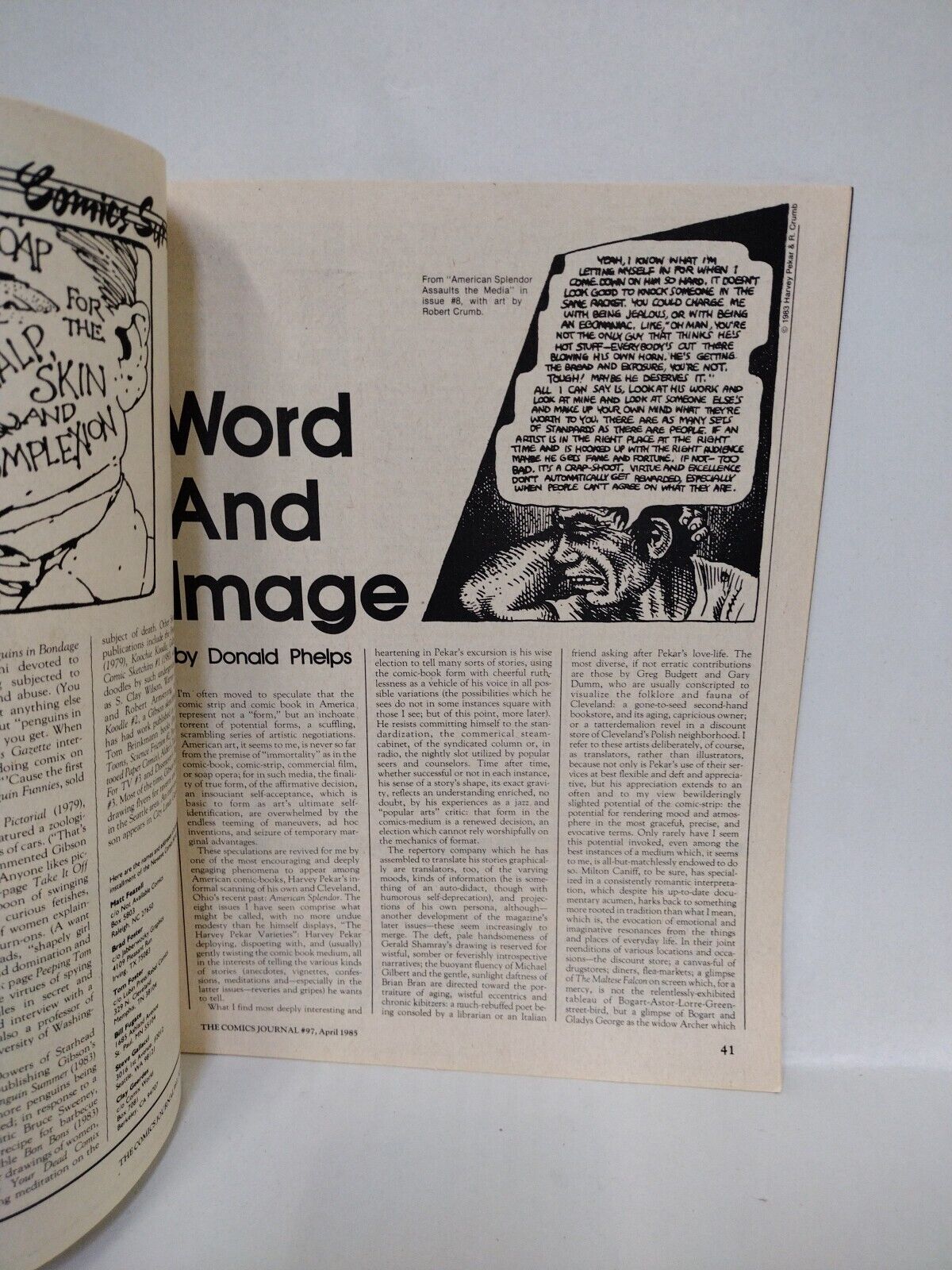 Comics Journal Magazine #97 (1985) Harvey Pekar Issue Robert Crumb Cover VF-NM