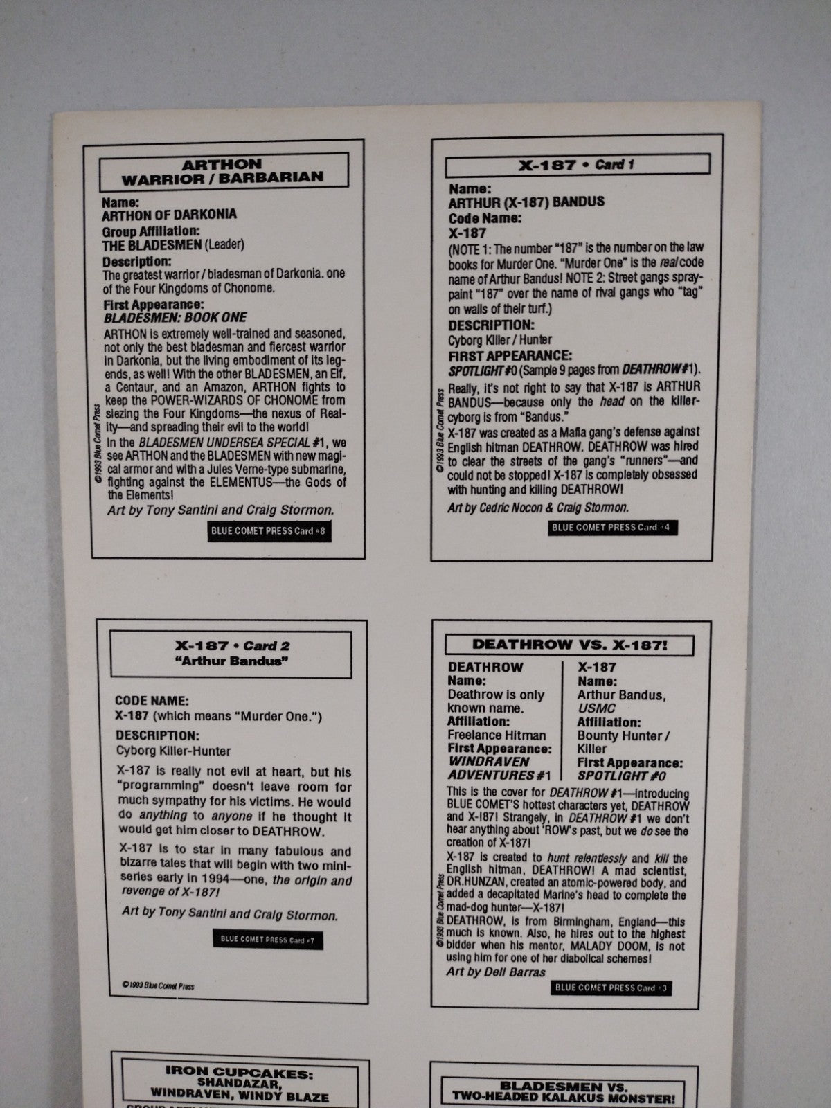 Blue Comet Comics (1993) Uncut Trading Card Sheet Signed Craig Storman